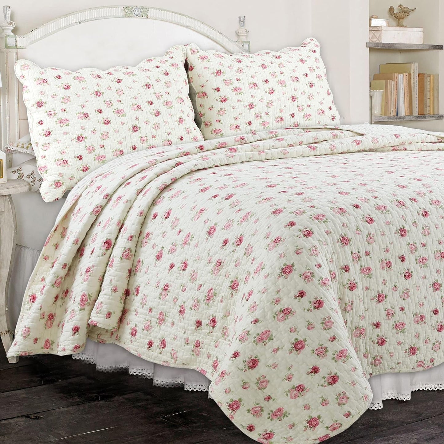 Cozy Line Home Fashions Pink Rose Garden Floral 100% Cotton Reversible Coverlet Bedspread Quilt Bedding Set (Ivory Rose, Queen - 3 Piece)