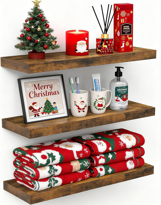 BAYKA Floating Shelves Bathroom for Wall – Shelf Over Toilet Farmhouse Rustic Wood for Bedroom, Kitchen, or Living Room Decor Organization, Christmas Decor Shelves – Rustic Brown, Set of 3