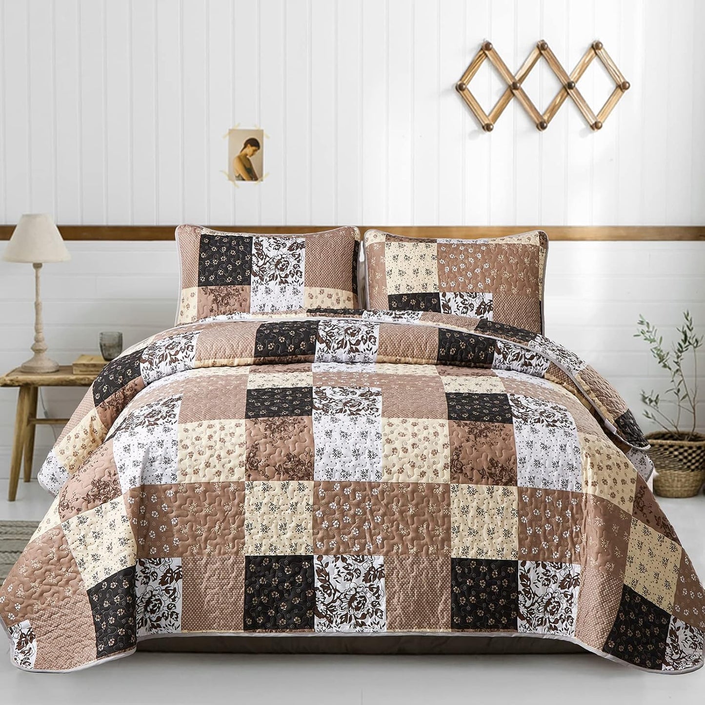 Mybedsoul Brown Quilt Set Full Size, 3 Pieces Plaid Floral Bedspread Set Patchwork Reversible Bedding Set Microfiber Lightweight Bedspread Coverlet Set for All Season 78"x90"