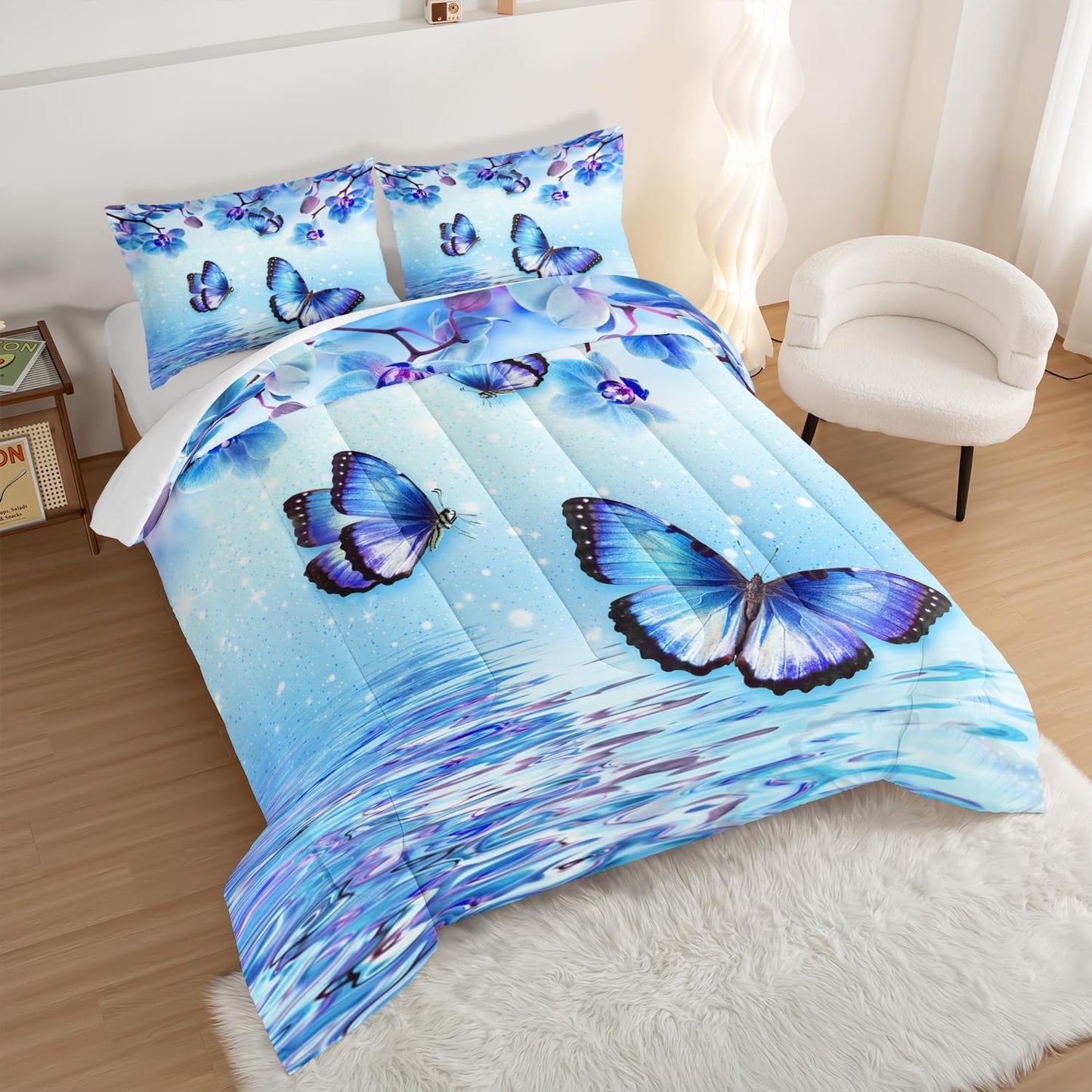 Fantasy Blue Themed Aesthetic Bedding Queen Comforter Set,Butterflies on Water with Falling Flowers Comforter Sets for Kids Girls Boys,Pretty Butterfly Pattern Bedding Sets with 2 Pillowcases.