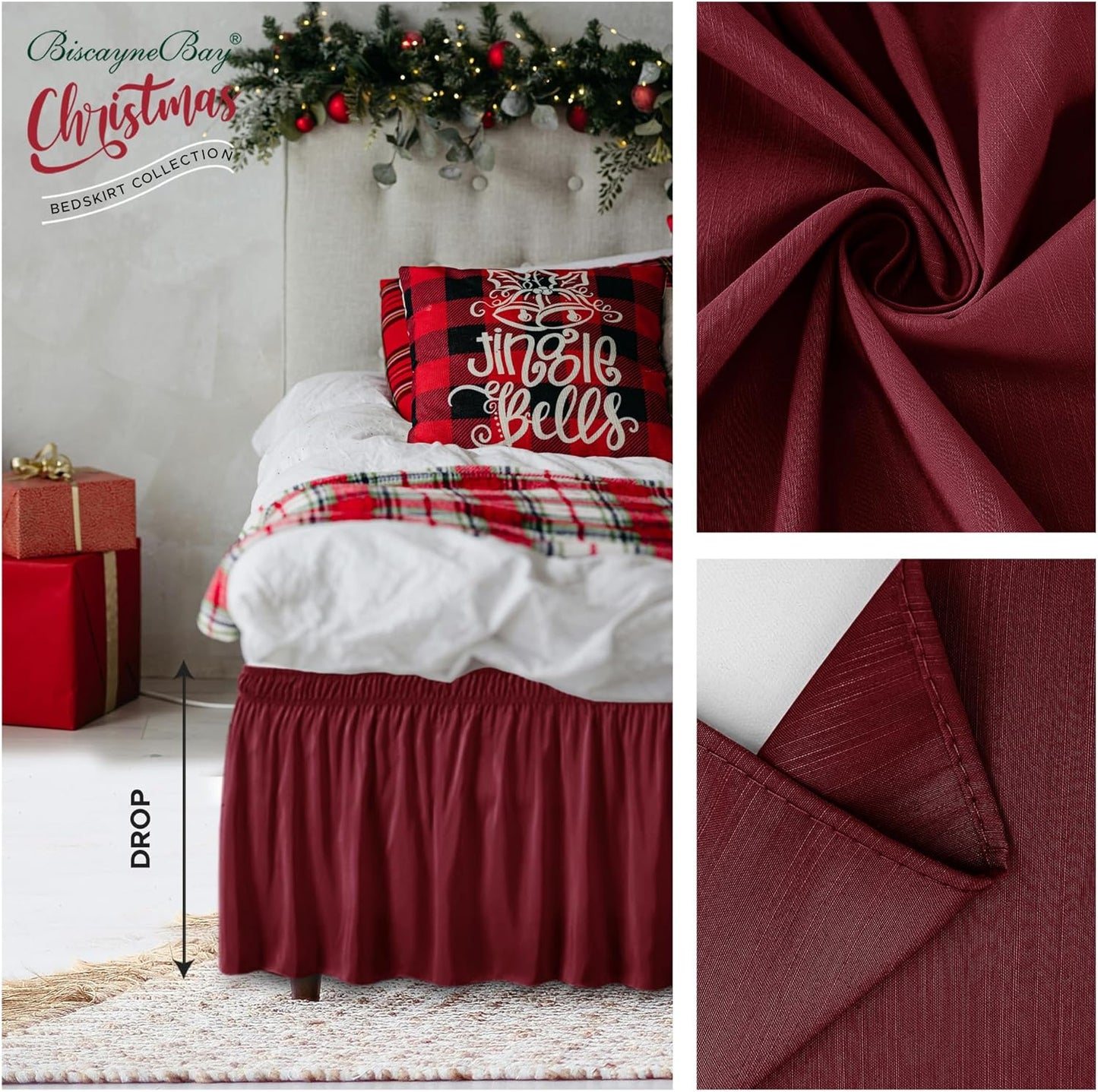 Biscaynebay Wrap Around Bed Skirts for King & Cal King Beds 19" Drop, Burgundy Adjustable Elastic Dust Ruffles Easy Fit Wrinkle & Fade Resistant Silky Luxurious Fabric Solid Machine Washable