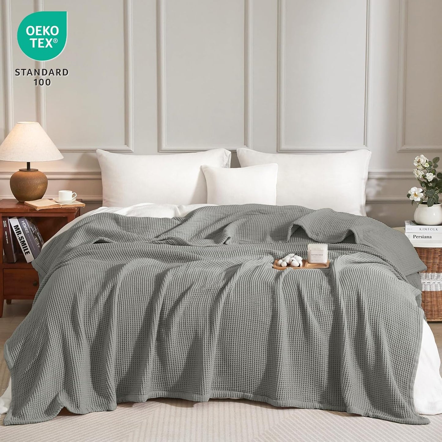 PHF 100% Cotton Waffle & Muslin Blanket Queen Size, Soft Breathable Luxury 400GSM Versatile Reversible Bedding for Bed, Great for Layering in Cold Weather, Home Decor Gift, 90" x 90", Frosted Grey