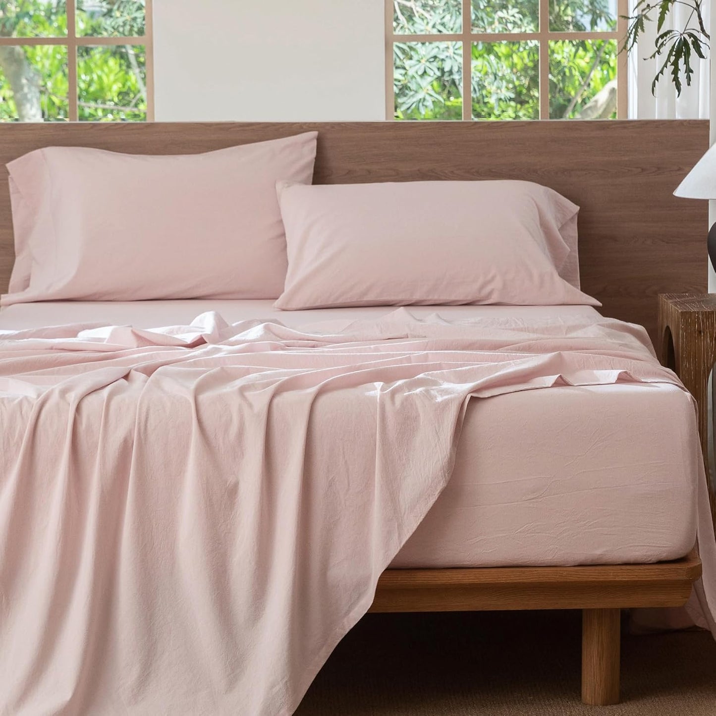 MooMee Bedding Sheet Set 100% Washed Cotton Linen Like Textured Breathable Durable Soft Comfy (Heathered Greyish Pink, Twin)