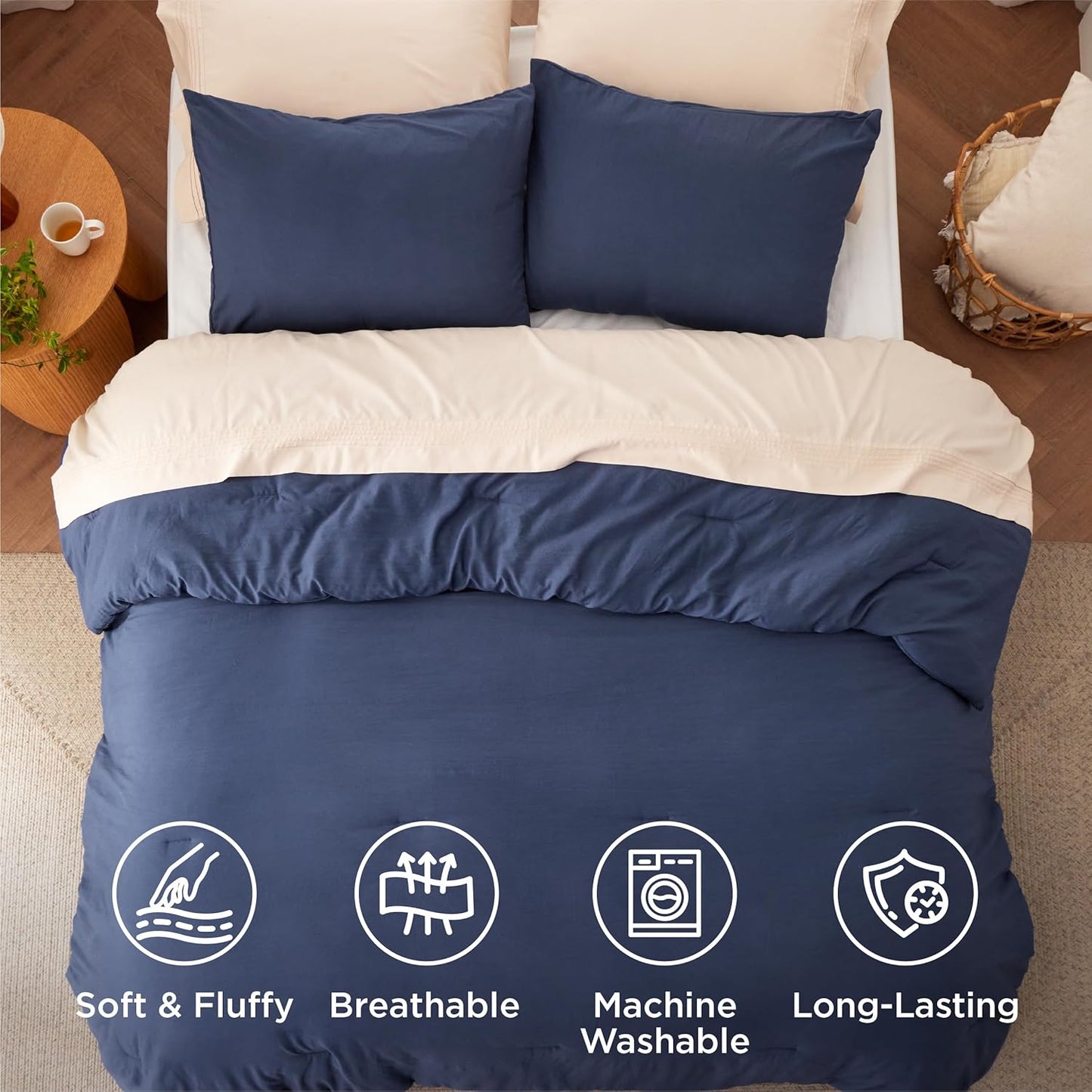 Bedsure King Size Comforter Set, Navy Soft Prewashed Bedding for All Seasons, 3 Pieces GentleSoft™ Warm Down Alternative Bed Set, 1 Lightweight Comforter (104"x90") and 2 Pillowcases (20"x36")