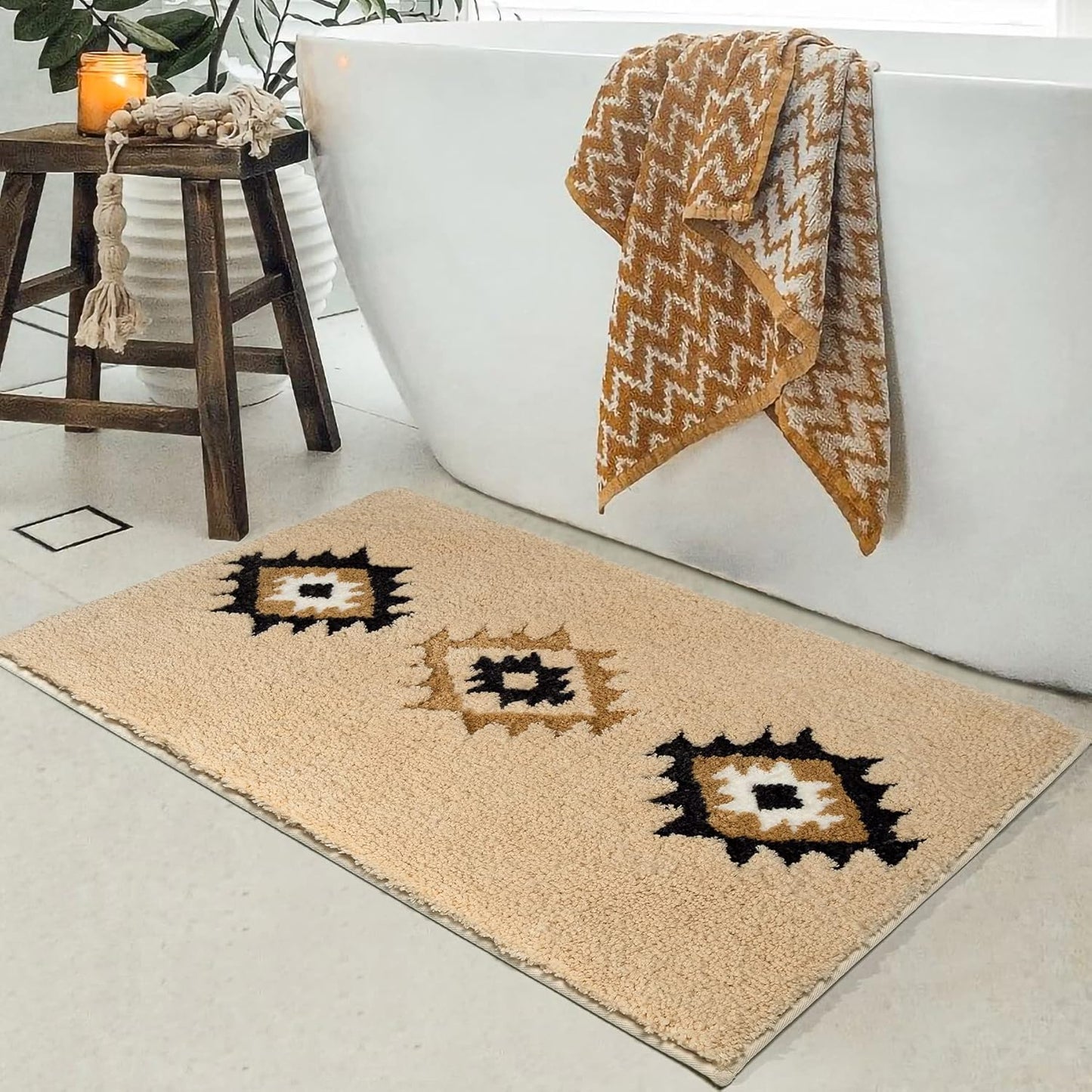 DEXDE Bathroom Rugs 24x36 Boho Cream Beige Bath Mat Non Slip Western Geometric Bath Rug Luxury Soft Absorbent Carpet for Bathroom Shower Kitchen Entryway Farmhouse Neutral Decor
