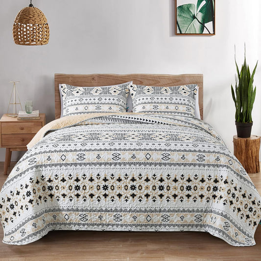 BEDIFANY Boho Quilt King Size Set, Lightweight Bedspread King Size Stripe Boho King Quilt, Quilt Bedding Set for Bed Decoration, All-Season Coverlet Set, 3 Pieces