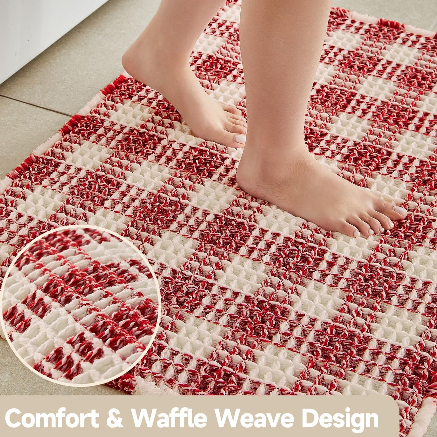 Waffle Bath Mat, Boho Christmas Bathroom Rugs Non Slip Washable Absorbent Checkered Bathroom Mat Quick Dry Cute Bath Mat, 30"x20" Red and White
