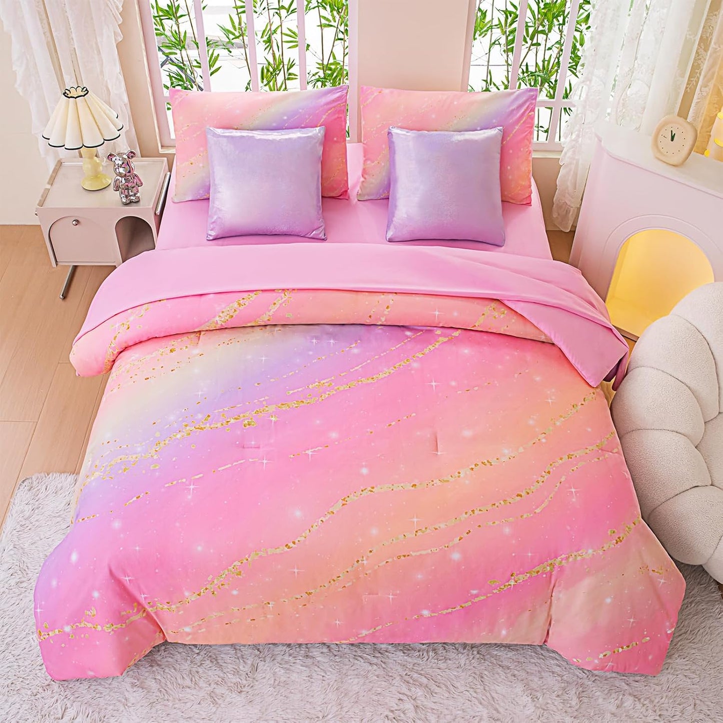 Rainbow Bedding Set Full Size – 7 Piece Reversible Girls Comforter with Deep-Pocket Sheet, Gradient Galaxy Design, Whole-Piece Filling, Machine Washable Bed-in-a-Bag for Kids Room Makeover & Gifts
