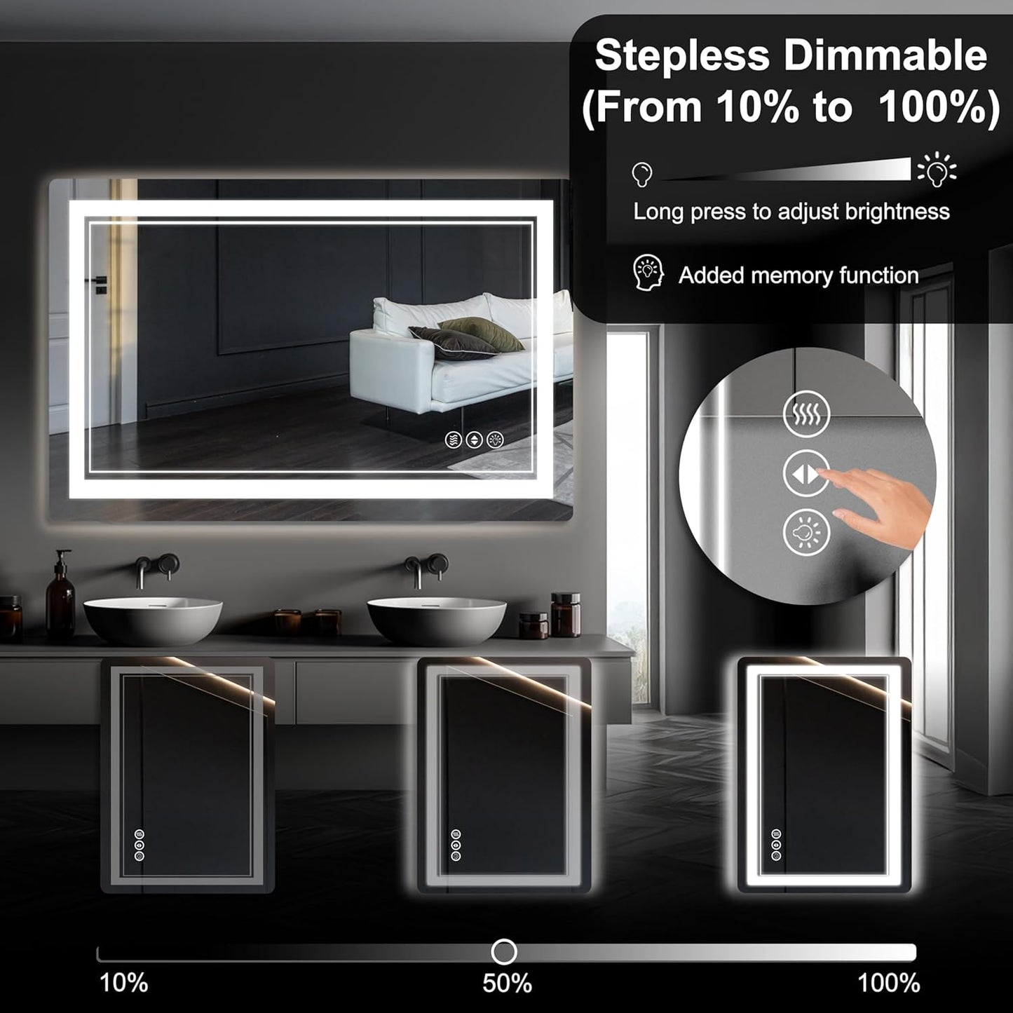 55"x 30" LED Bathroom Mirror with Front and Backlight, Bathroom Vanity Mirror with 3 Color Adjustable, Stepless Dimmable Light, Anti-Fog, Memory Function, Vanity Mirror for Wall(Horizontal/Vertical).