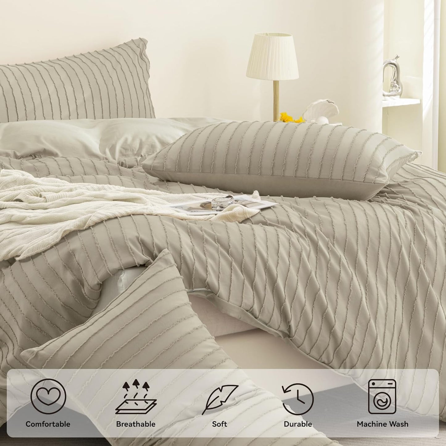 JELLYMONI Duvet Cover Queen Size Khaki - 3PCS Boho Striped Duvet Cover Set Polyester Tufted Bohemian Textured Comforter Cover 90×90in with Corner Ties & Zipper and 2 Pillowcases