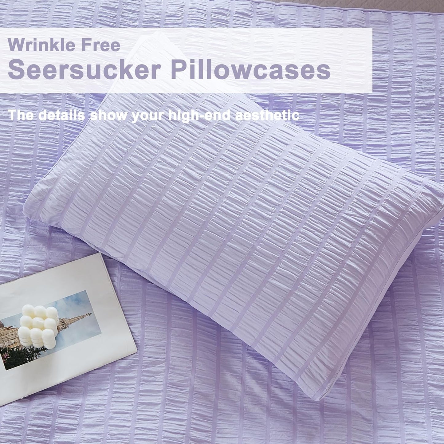 AveLom Lavender Purple Seersucker Duvet Cover Set Full (80 x 90 inches), 3 Pieces (1 Duvet Cover + 2 Pillow Cases), Ultra Soft Washed Microfiber, Textured Duvet Cover with Zipper Closure, Corner Ties