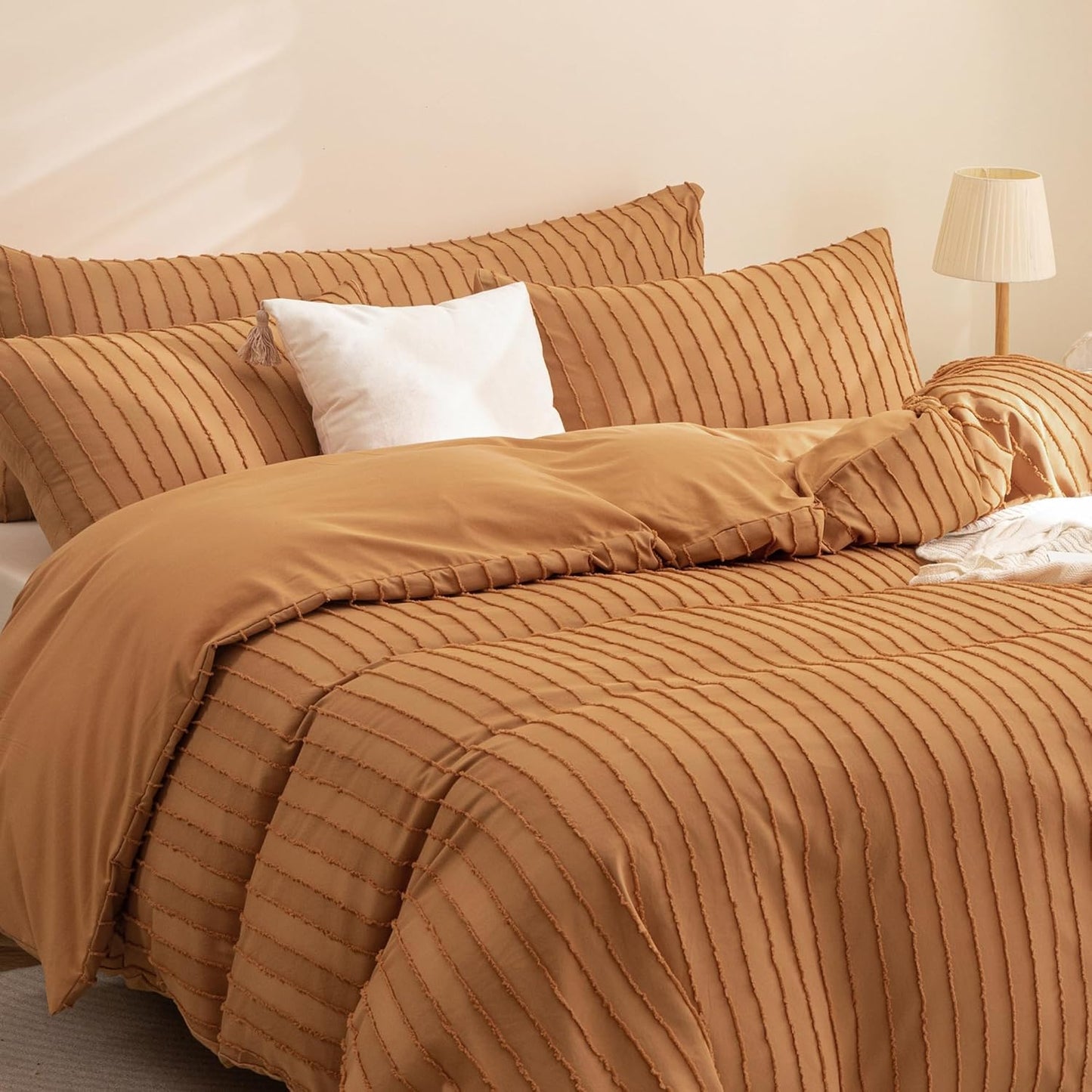 JELLYMONI Duvet Cover Queen Size Rust - 3PCS Boho Striped Duvet Cover Set Polyester Tufted Bohemian Textured Comforter Cover 90×90in with Corner Ties & Zipper and 2 Pillowcases
