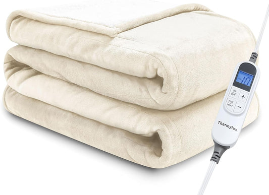 Electric Blanket Throw 50"x60" Heated Electric Blankets 10 Heating Levels 12 Time Settings 3 Hours Auto Off Fast Heating and Overheat Protection ETL Certified Machine Washable,Ivory