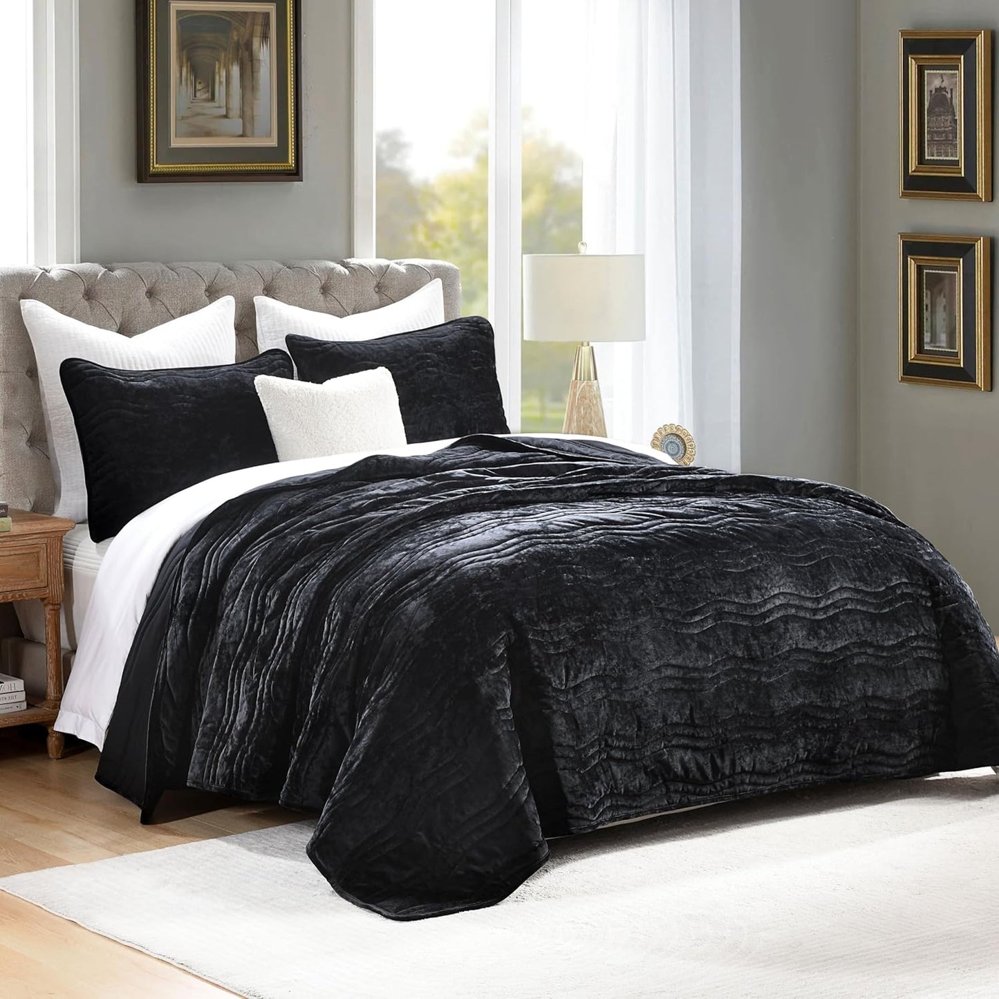 King Size Comforter Set, Luxurious Velvet King Quilt, Black Bedding Set, Soft Plush Bedspread King Size, Lightweight Quilts for All Season, Black