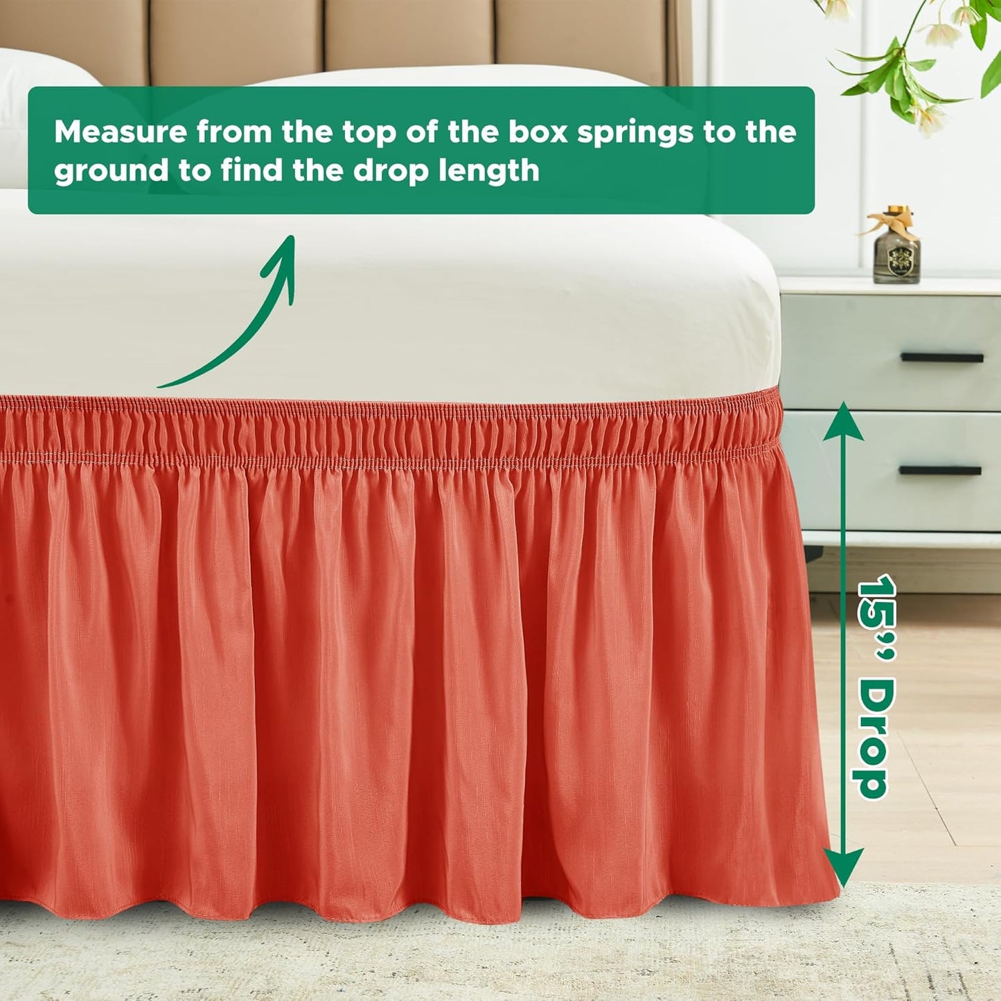 Biscaynebay Wrap Around Bed Skirts with Adjustable Belts for Twin & Twin XL Beds 15" Drop, Coral Elastic Dust Ruffles with Adjustable Belts Silky Luxrious Fabric Machine Washable