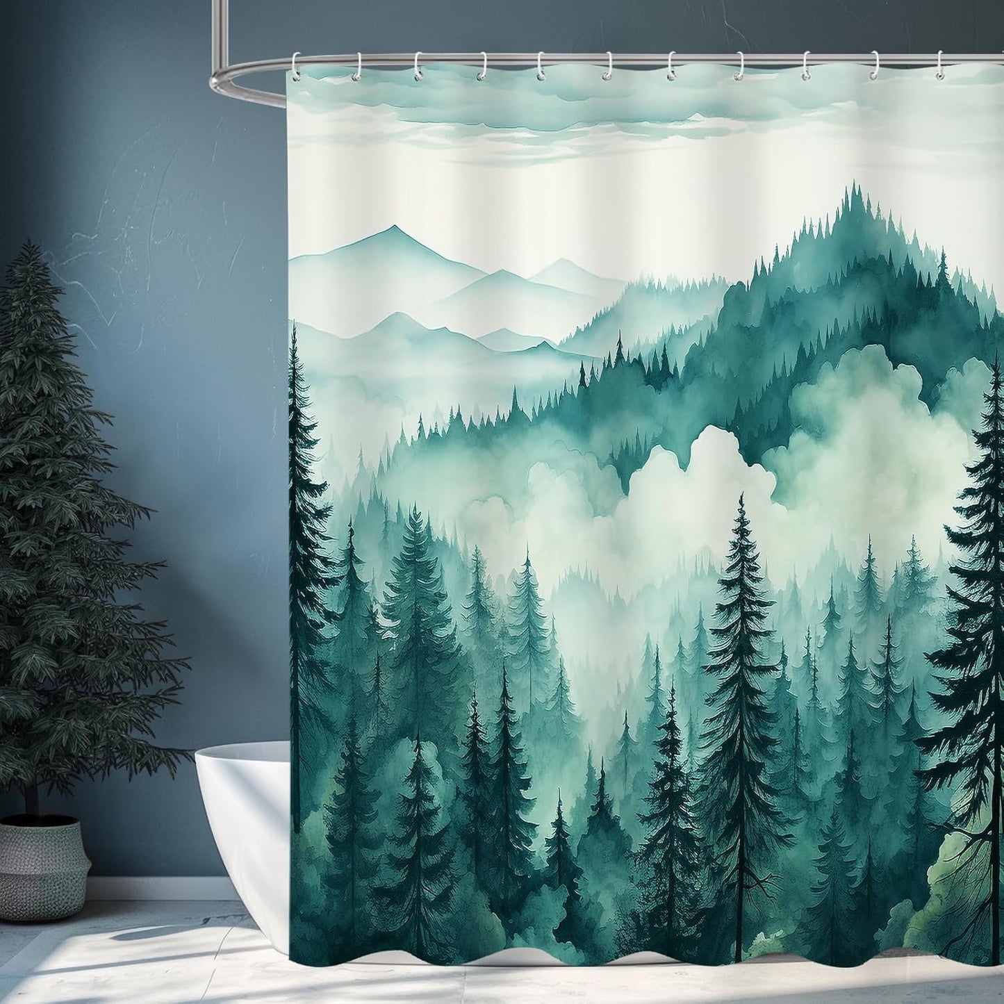 Teal Blue Misty Pine Forest Shower Curtain, Mountain Foggy Woodland Scenery Tree Shower Curtains for Chic Rustic Bathroom, Turquoise Abstract Waterproof Nature-Themed Decor, 72x72 Inches
