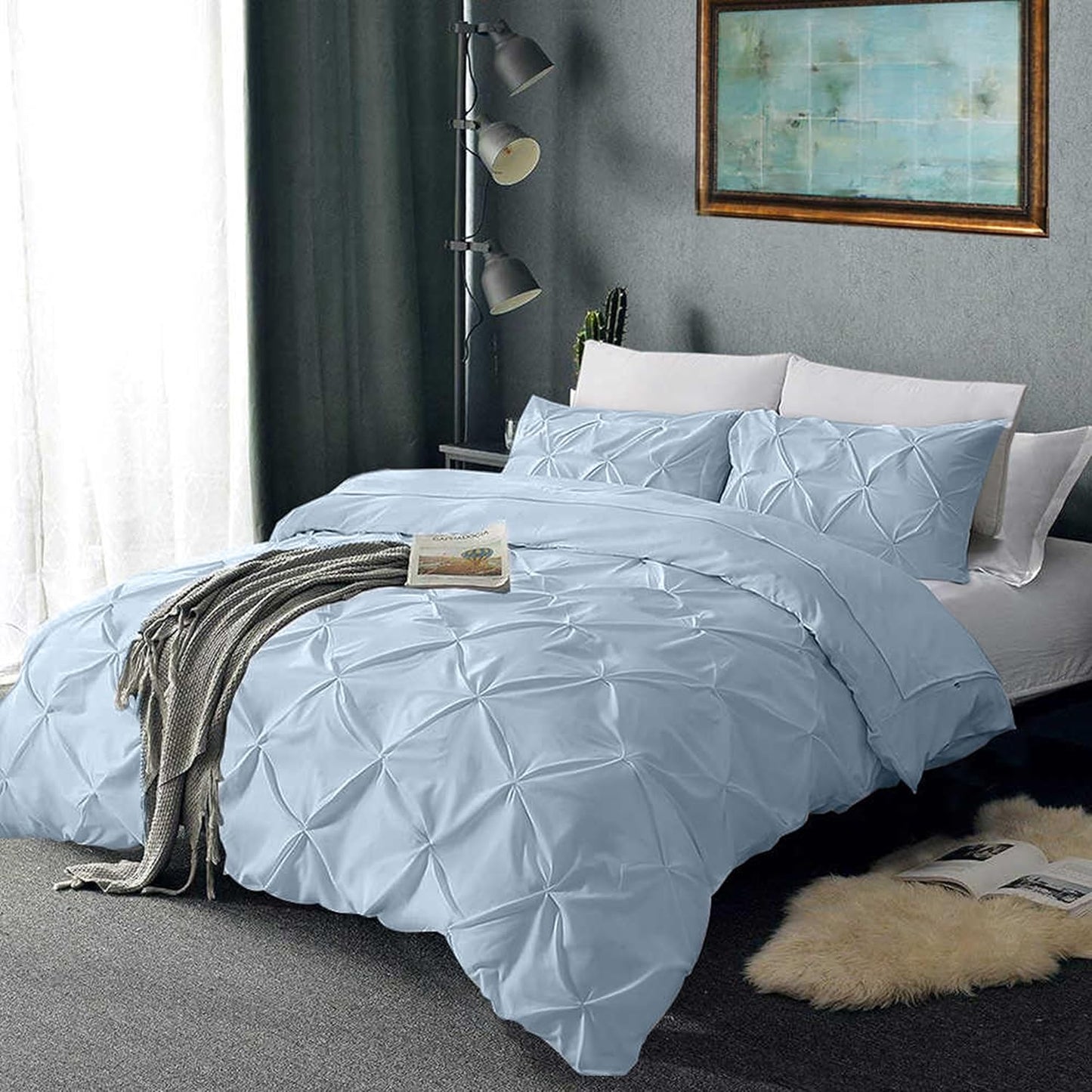 Pinch Pleated Duvet Cover Set 100% Brushed Microfiber 3PC King Size 94x104 Duvet Cover Set, Decorative Pinch Design Sky Blue Duvet Cover with Matching Pillow Case