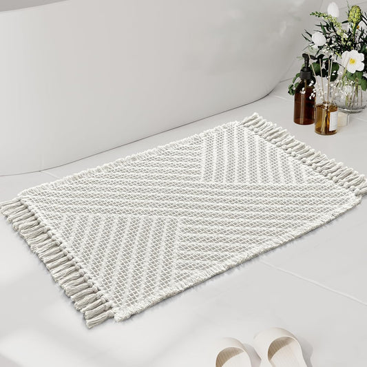 H.VERSAILTEX Waffle Bath Mat Super Absorbent Boho Bath Mat Non Slip Bath Rugs for Bathroom Floor Machine Washable Dry Fast Bathroom Rugs with Tassels, 20" x 32", Ivory White