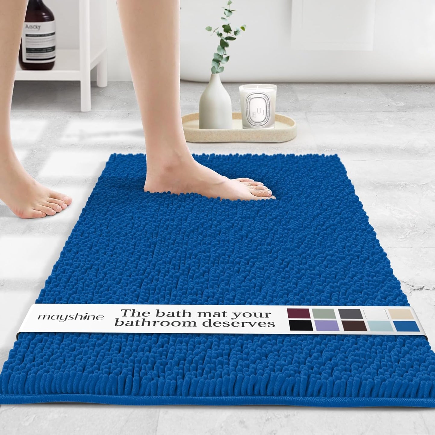 MAYSHINE Plush Shaggy Chenille Bath Mat | Extra Soft, Super Absorbent, Non-Slip Bathroom Rug | Fluffy Microfiber, Area Rug Sets for Bathroom Floor, Kitchen, Living Room | 24"x17" | Dark Blue