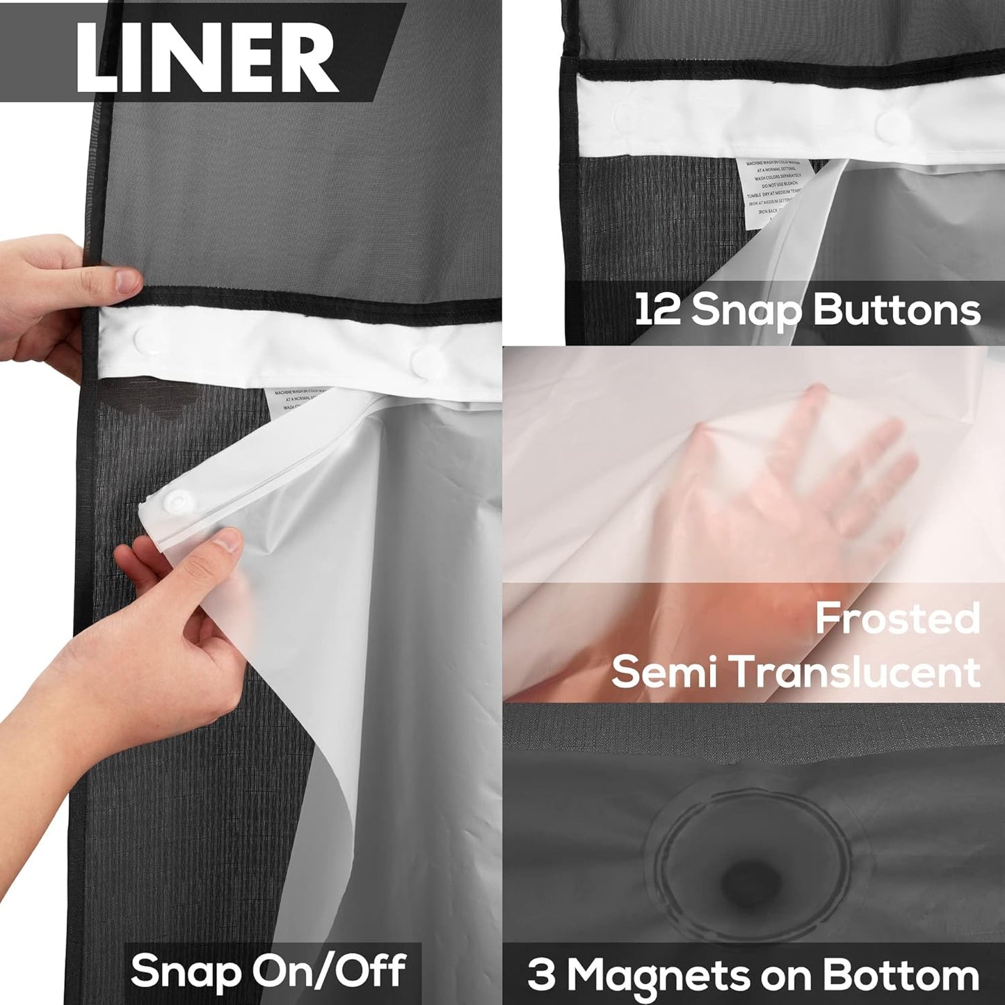 Extra Long No Hook Slub Textured Shower Curtain with Snap-in PEVA Liner Set - 71" x 98"(96"), Hotel Style with See Through Top Window, Black Fabric Curtain & Waterproof Liner, Black, 71x98