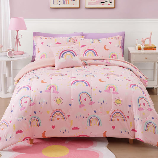 Glow in The Dark Kids Comforter Set Full Size for Girls, Pink Rainbow Bedding Set 1 Comforter, 1 Decor Pillow, 2 Pillow Shams