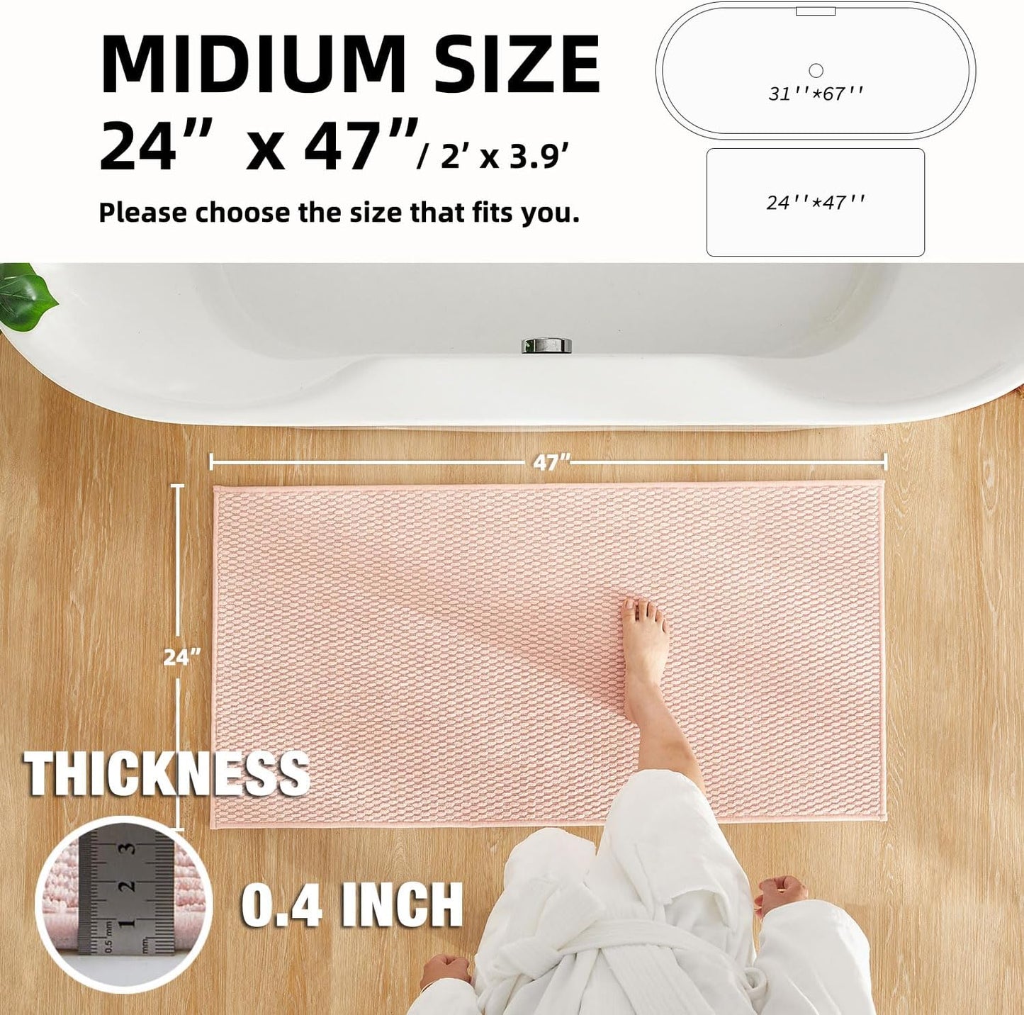 Bathroom Rugs Non Slip Washable, Super Absorbent Thin Bath Mat Quick Dry Low Pile Bathroom Rug, Pink 24"x47"
