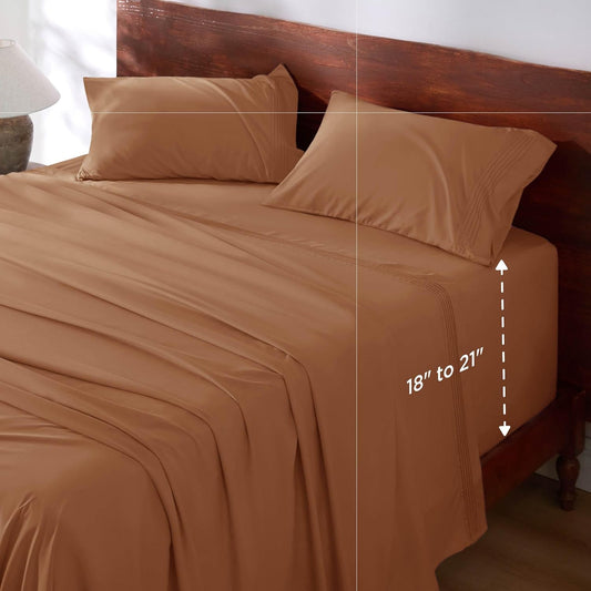 Bedsure Deep Pocket King Sheet Set - Fits Mattresses Up to 21 Inches Thick - 4 Piece GentleSoft Bed Sheets, Moisture Wicking, Soft & Cooling Bedsheet & Pillowcases, Easy & Secure Fit, Burnt Orange