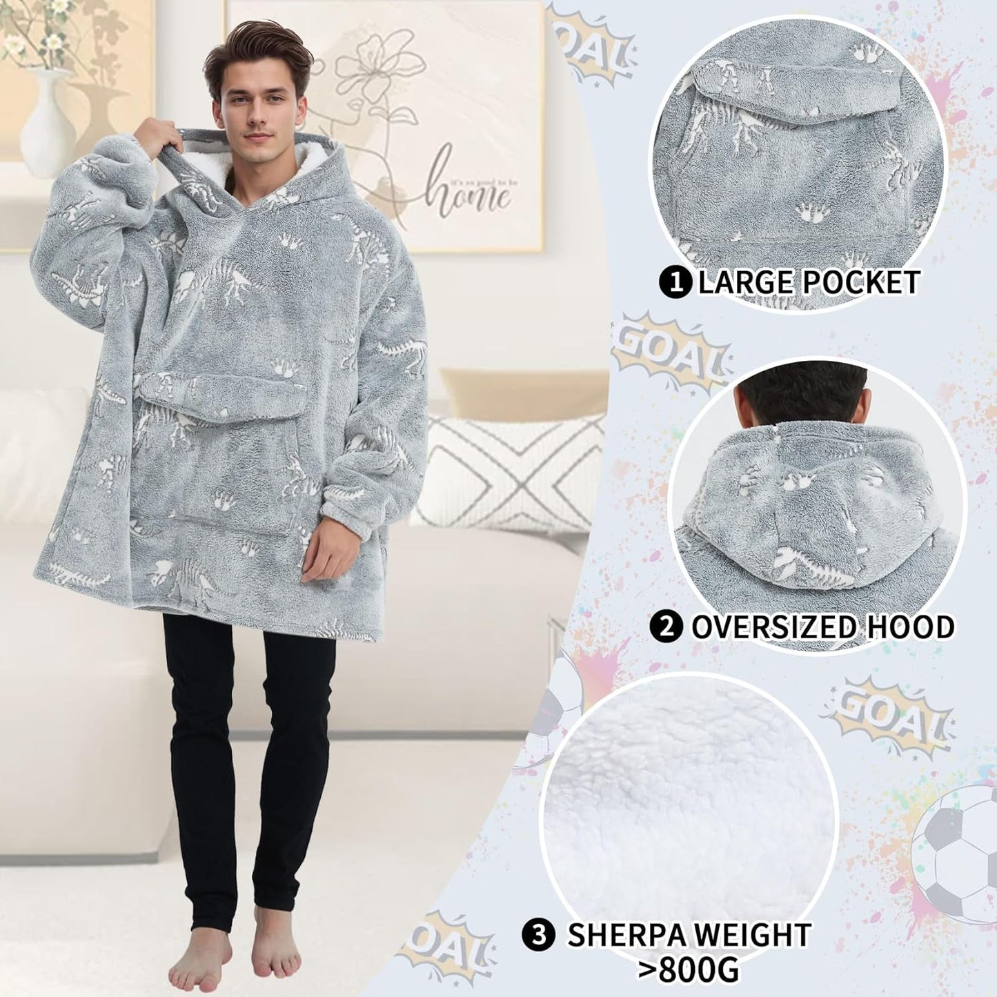 Wearable Blanket Hoodie for Adult,Oversized Sherpa Fleece Blanket Hoodie for Women Men,Glow in The Dark Dinosaur Fossil