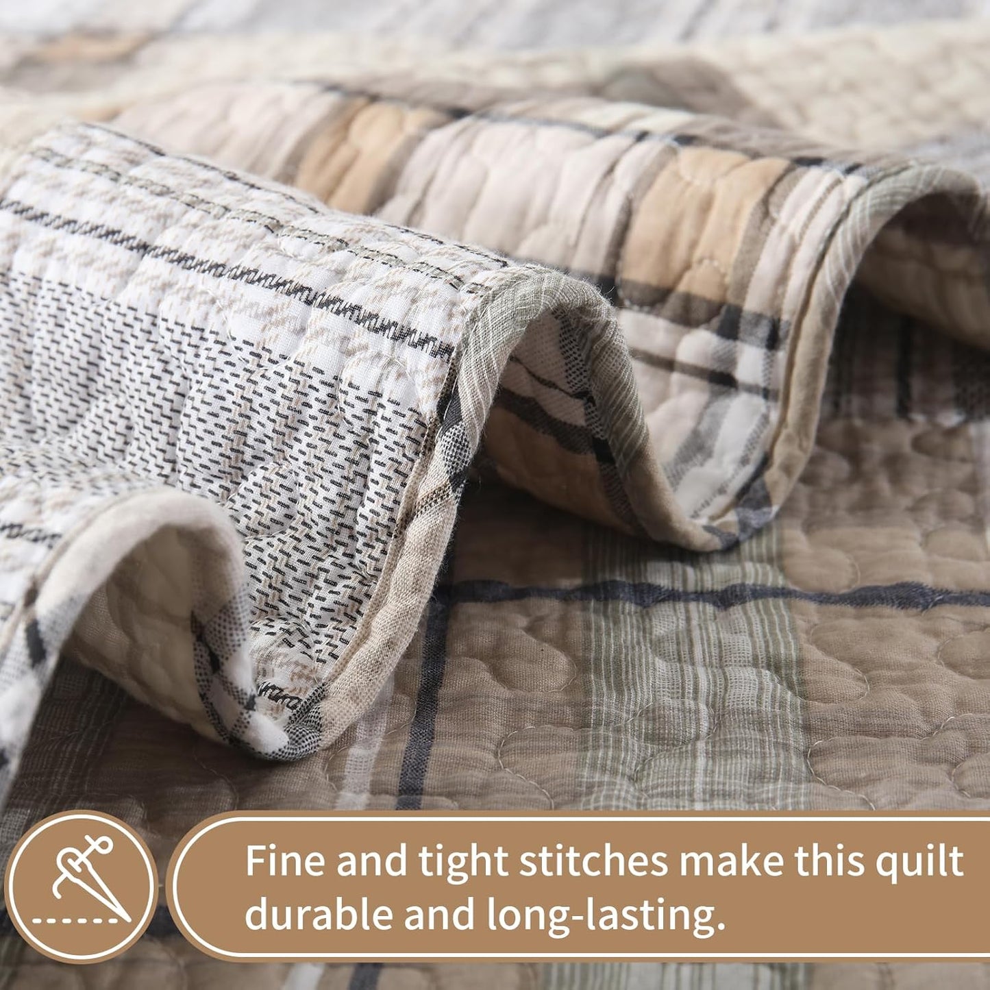 KALOOLA 100% Cotton Quilts King Size 3 Pieces, Farmhouse Plaid King Quilt Bedding Sets, Brown Rustic King Size Bedspreads, Reversible Lightweight King Coverlet for All Seasons