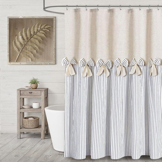 Farmhouse Shower Curtain Linen Bow Woven Fabric Country Rustic Western, Pleated Blue Stripe 72" W x 72" L