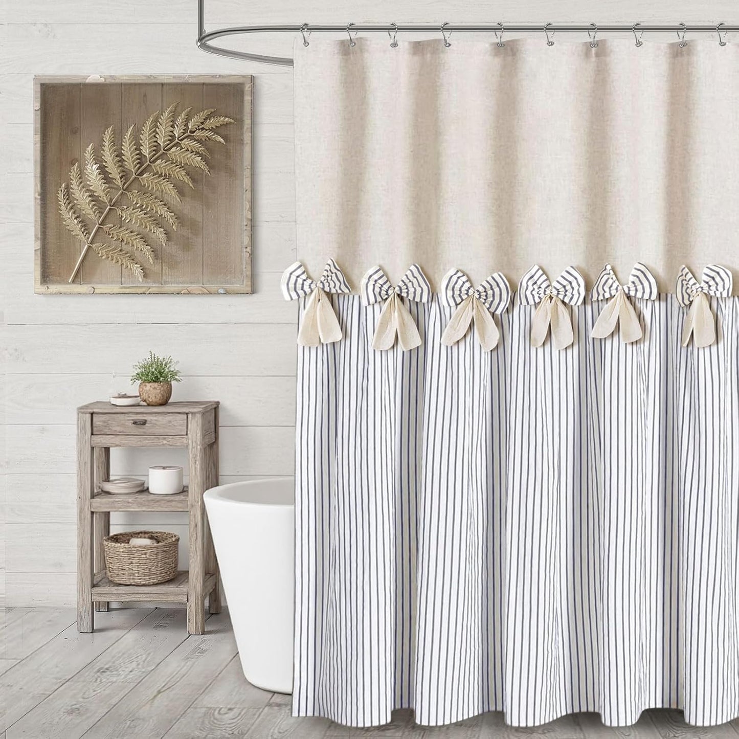 Farmhouse Shower Curtain Linen Bow Woven Fabric Country Rustic Western, Pleated Grey Stripe 72" W x 84" L
