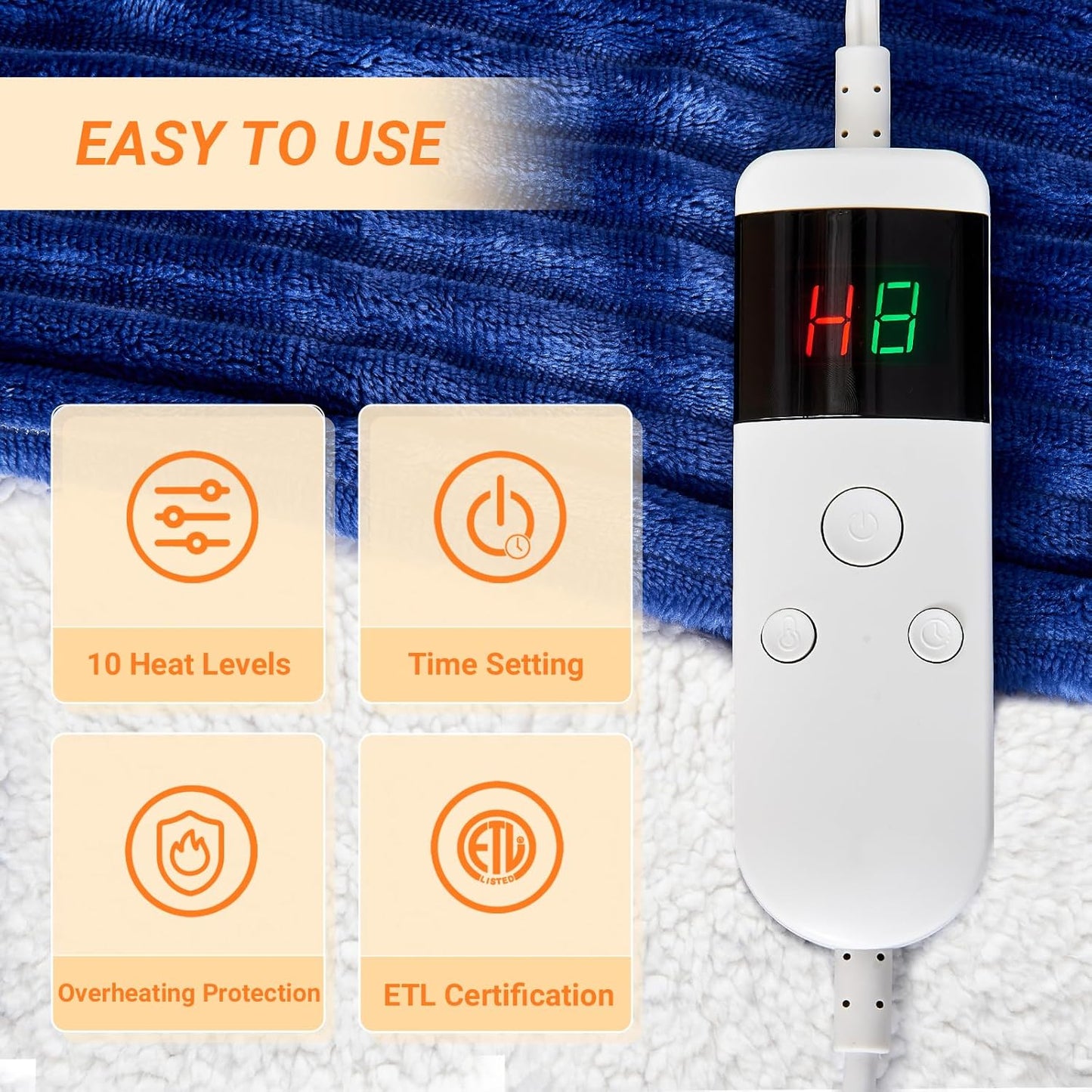 Heated Blanket Electric Full, Soft Flannel Heating Blanket with 8 Hours Auto Off 10 Fast Heating Levels Machine Washable Sherpa Heated Blanket with Overheating Protection