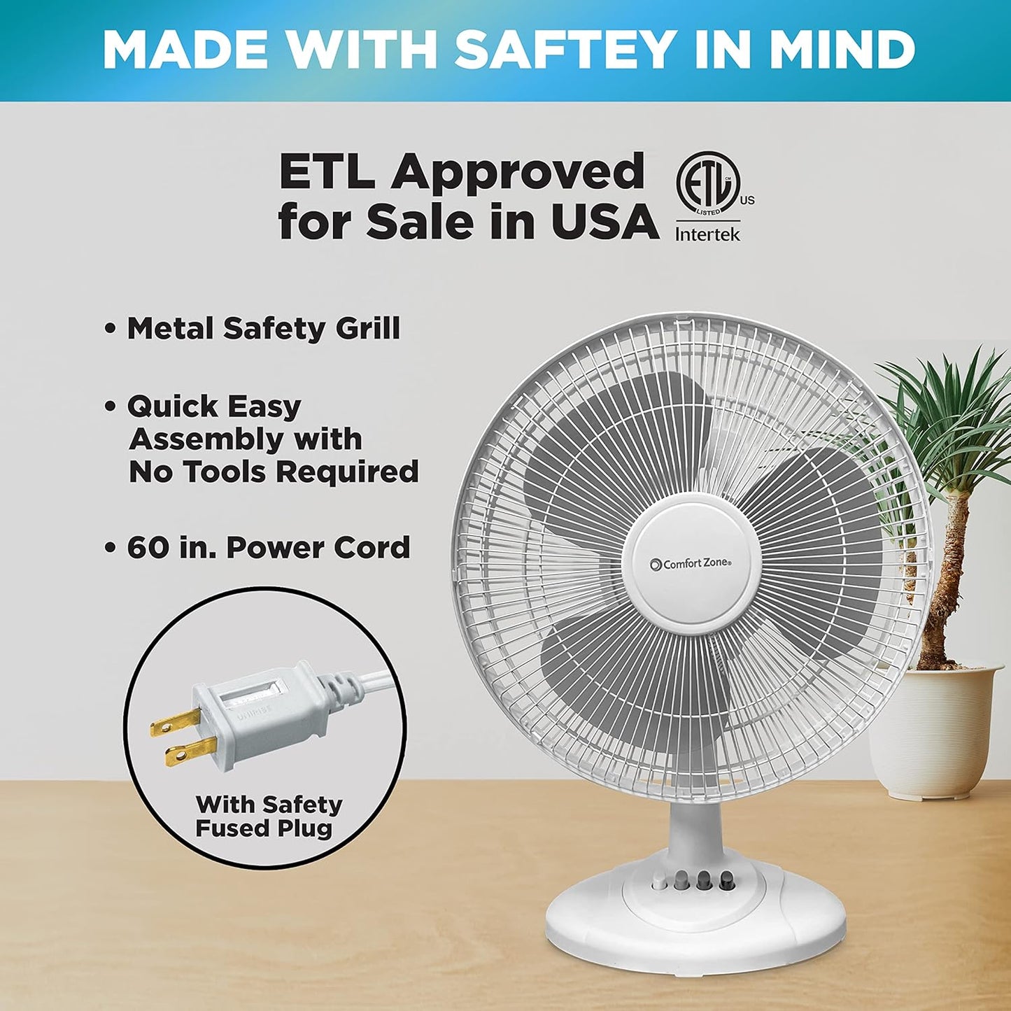 Comfort Zone 12 inch Table Fan with Adjustable Tilt, Wide Area Oscillation, Quiet Air Circulator Fan For Bedroom, 3 Speed Desktop Fan for Home Office, Push Button Controls, White