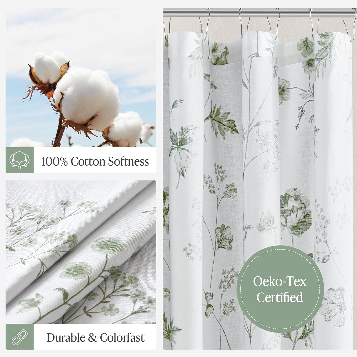 Martha Stewart Martha's Garden Shower Curtain Botanical Floral Print Cotton Shower Curtain for Bathroom, Spa Quality Modern Shower Curtains Standard Size, 72x84 Sage Green
