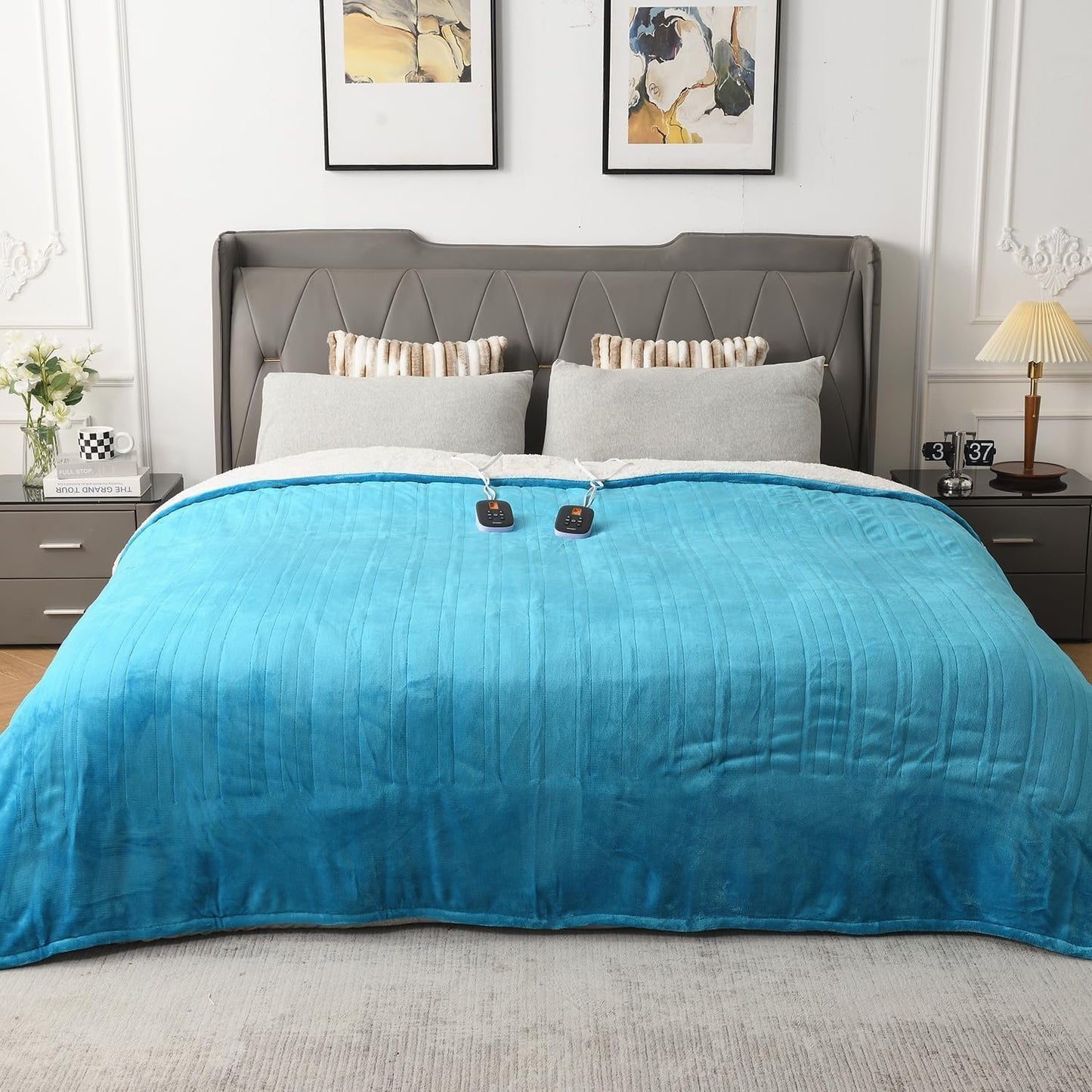 WOOMER Heated Blanket King Size,Durable Flannel and Soft Sherpa,Dual Control,84” × 90” Electric Blanket, 10 Heat Levels&0.5-12h auto-Off, Overheat Protection,Energy Efficient
