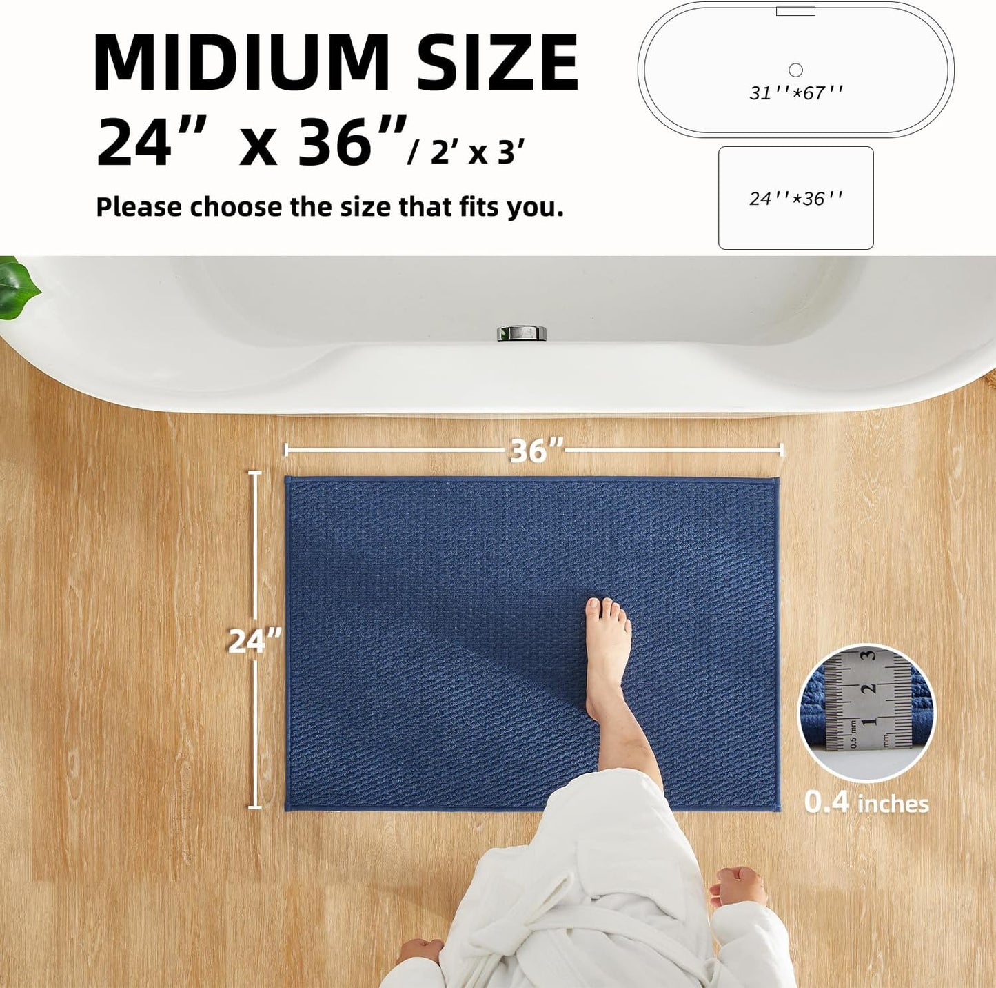 Bathroom Rugs Non Slip Washable, Super Absorbent Thin Bath Mat Quick Dry Low Pile Bathroom Rug, Navy Blue 24"x36"