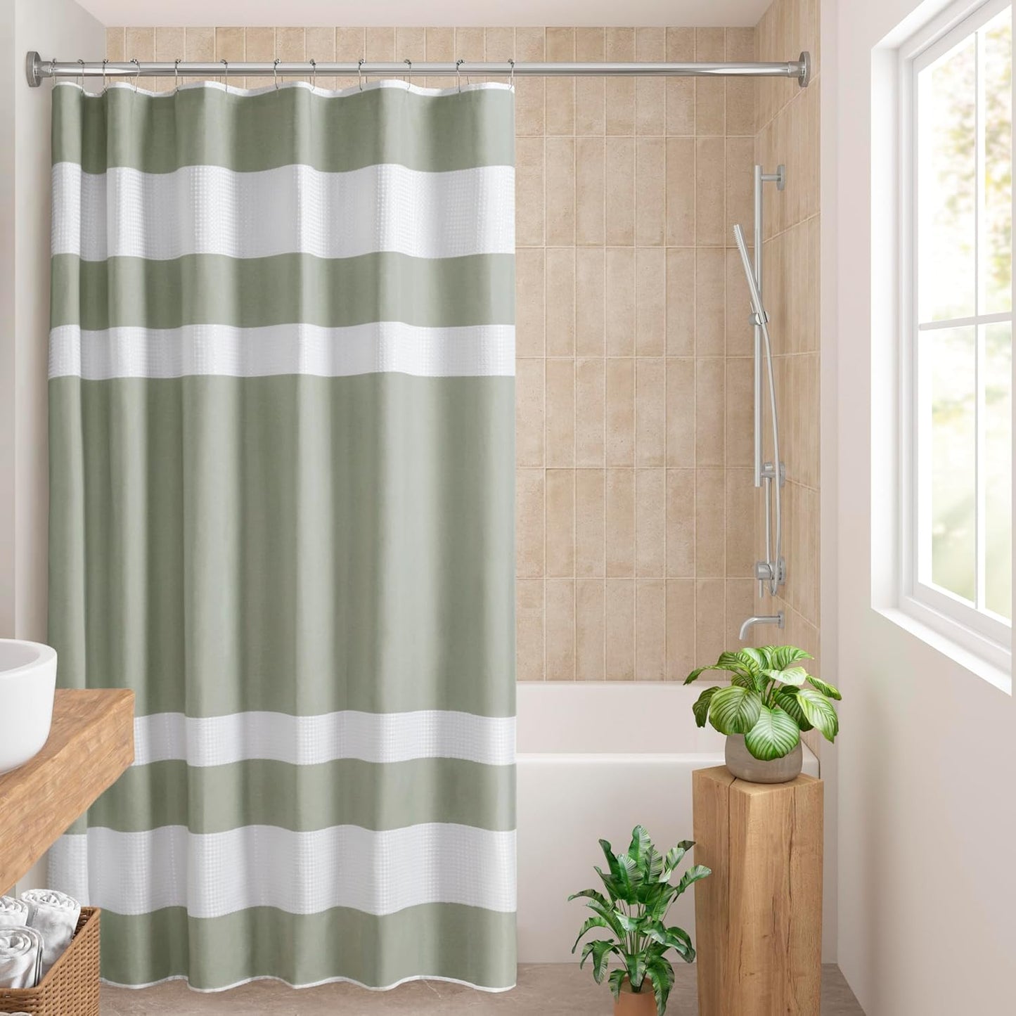 Madison Park Shower Curtain Spa Waffle Weave Long Shower Curtain for Bathroom 3M Scotchgard Moisture Management, Spa Quality Modern Shower Curtains for Bathroom, Long 72x78 Sage Green