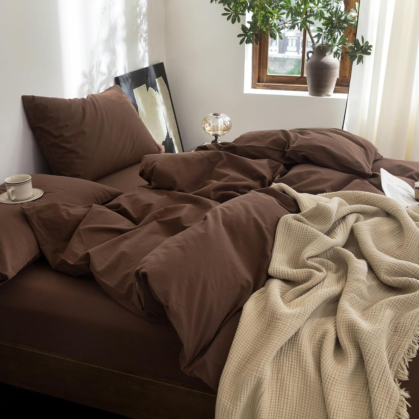FOSSA Duvet Cover Set 100% Washed Cotton Linen Feel Super Soft Breathable Cozy Simple Style 3 Pieces Bedding Sets Solid Cocoa Brown Oversized King Plus