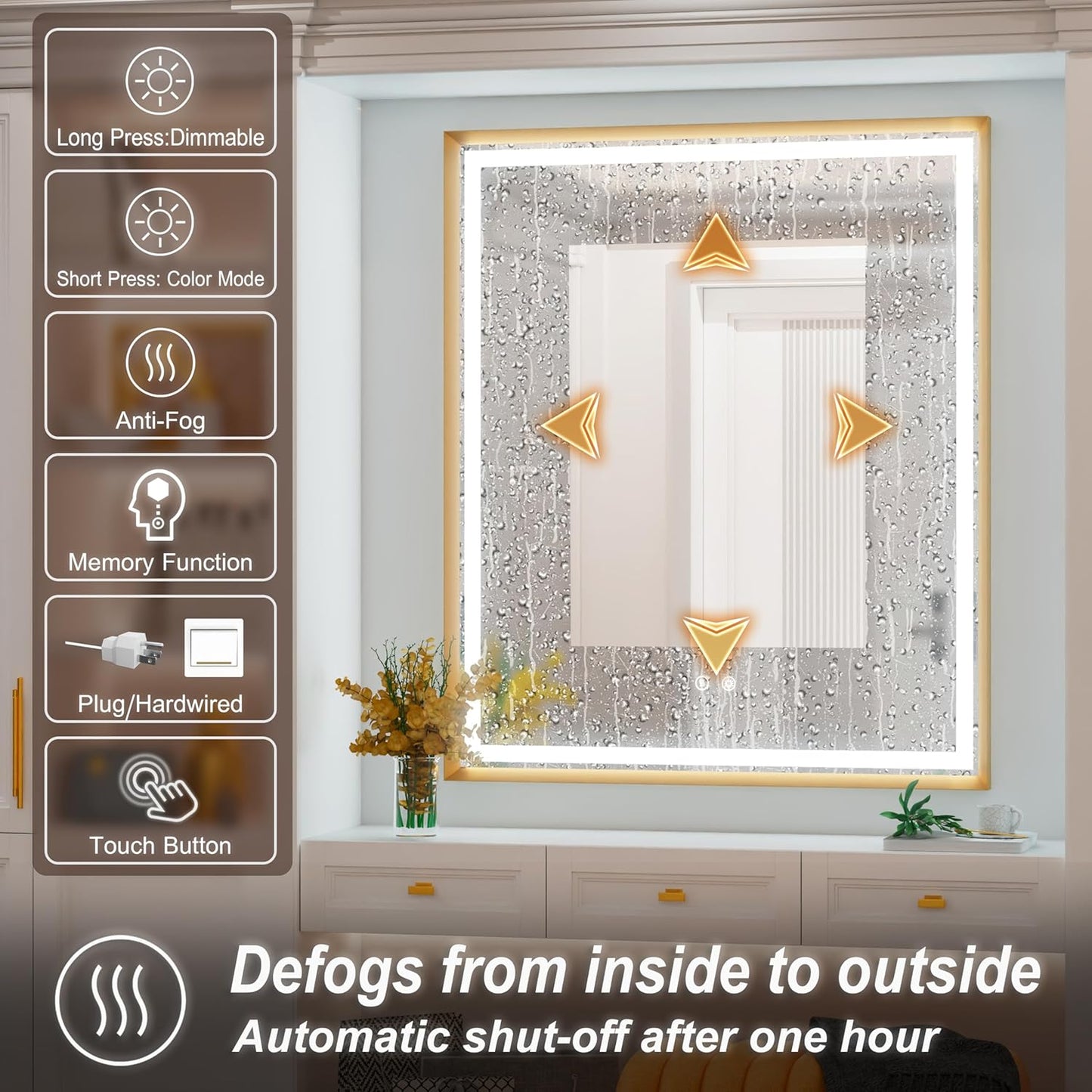 28x36 Inch LED Mirror for Bathroom, Gold Bathroom Mirror with Lights, Dimmable, Anti-Fog, Adjustable 3000K/4500K/6000K