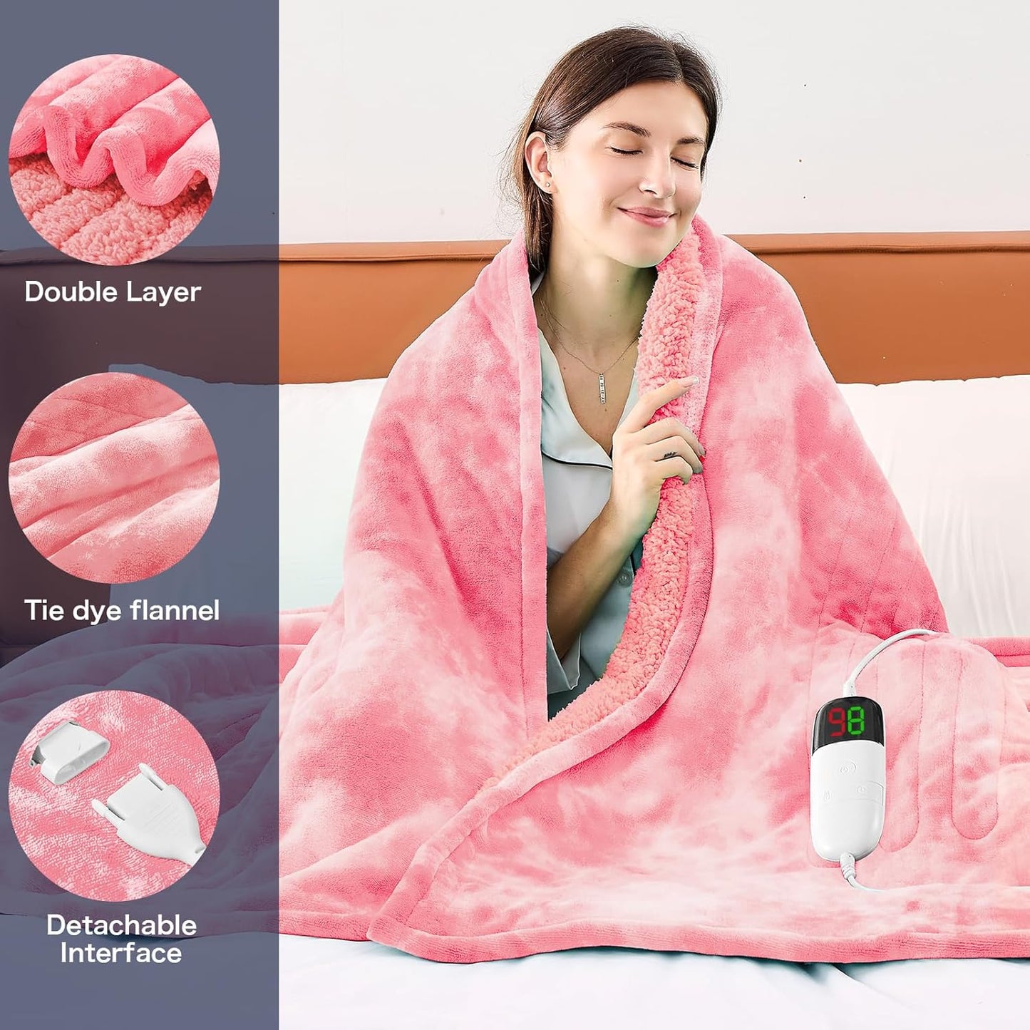 greenoak Heated Electric Blanket Throw, Faux Fur Sherpa Heating Blanket for Sofa Bed, Warm Winter Gifts for Women/Her, Heater Lap Blankets 5-Position Timer &10 Heating Levels 50''*60" PIink