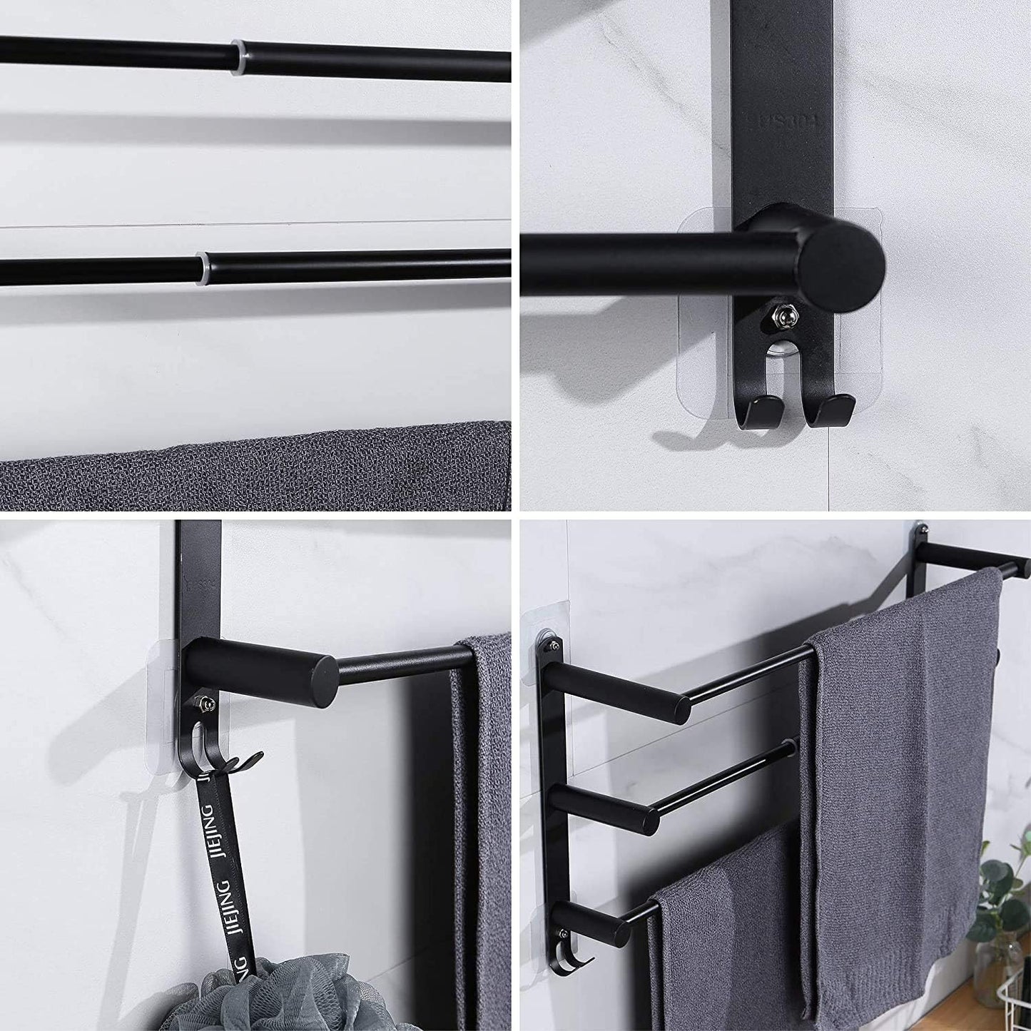 Black Adjustable Towel Bar for Bathroom Wall Mount17-30.7inch Adhesive Shower Towel Rack Stainless Steel Bath Towel Holders for Toilet Kitchen Double Towel Hanger (Black 3 Bar)