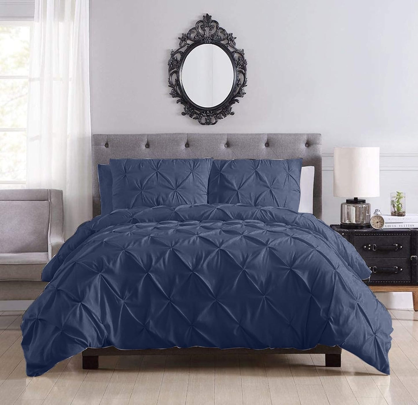 Pinch Pleated Duvet Cover Set 100% Cotton 3PC Super King Plus Size 120x120 Duvet Cover Set, Decorative Pinch Design Navy Blue Duvet Cover with Matching Pillow Case