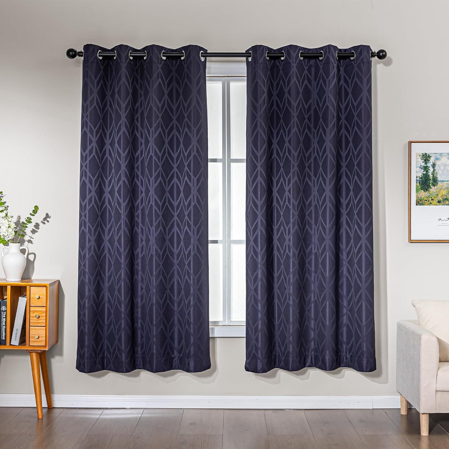 Amazon Basics Jacquard 2-Piece 100% Blackout Curtains, Living Room and Bedroom Drapes, Thermal Insulated Window Treatment, 42"x72", Dark Blue