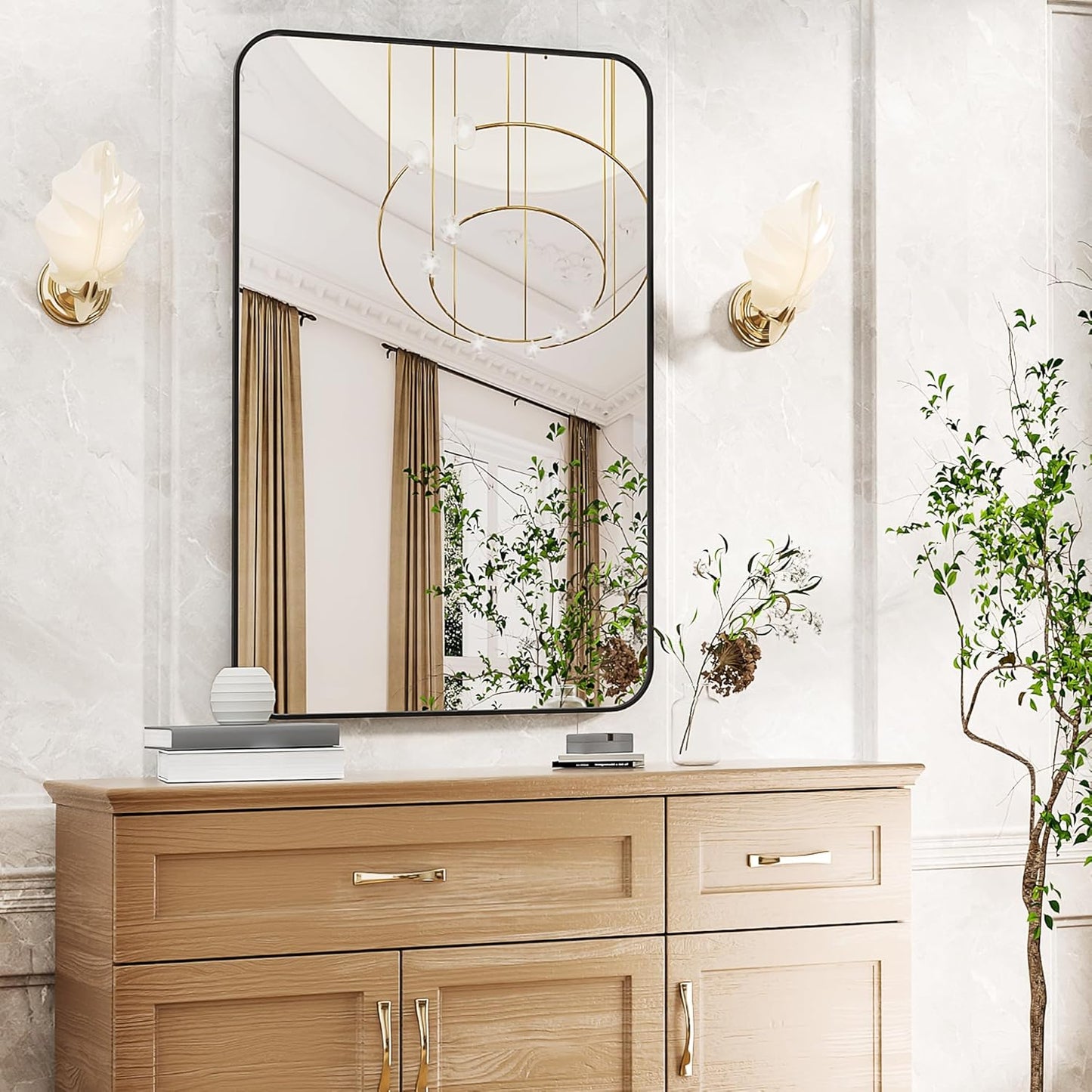 Antok Bathroom Mirror, 36"x24" Wall Mirror, Decorative Mirrors Vanity Mirror Aluminum Alloy Frame Contemporary Rectangular Hanging Mirror for Living Room Bathroom Entryway,Black,Round Corner