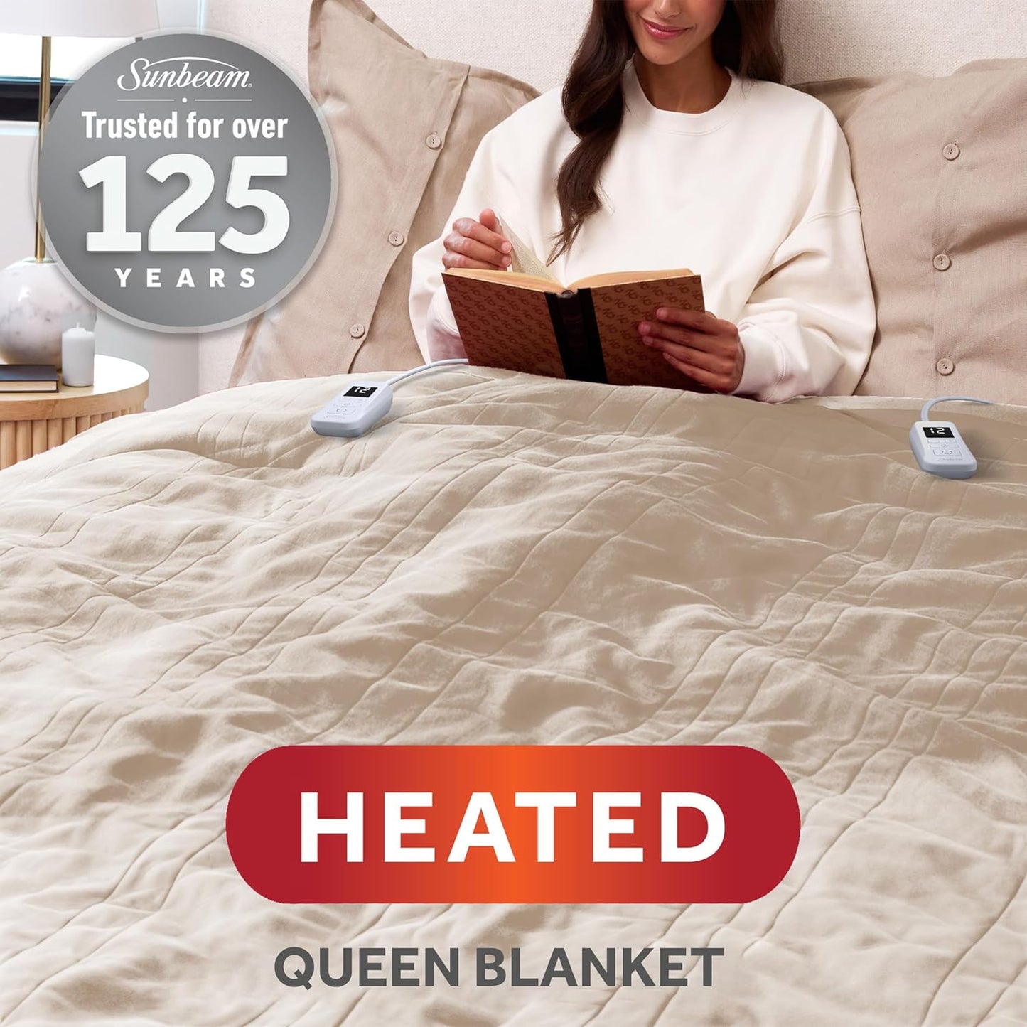 Sunbeam Royal Posh Velvet Heated Electric Blanket Queen Size, 90" x 84", 12 Heat Settings, 12-Hour Selectable Auto Shut-Off, Fast Heating, Machine Washable, Warm and Cozy, Champagne