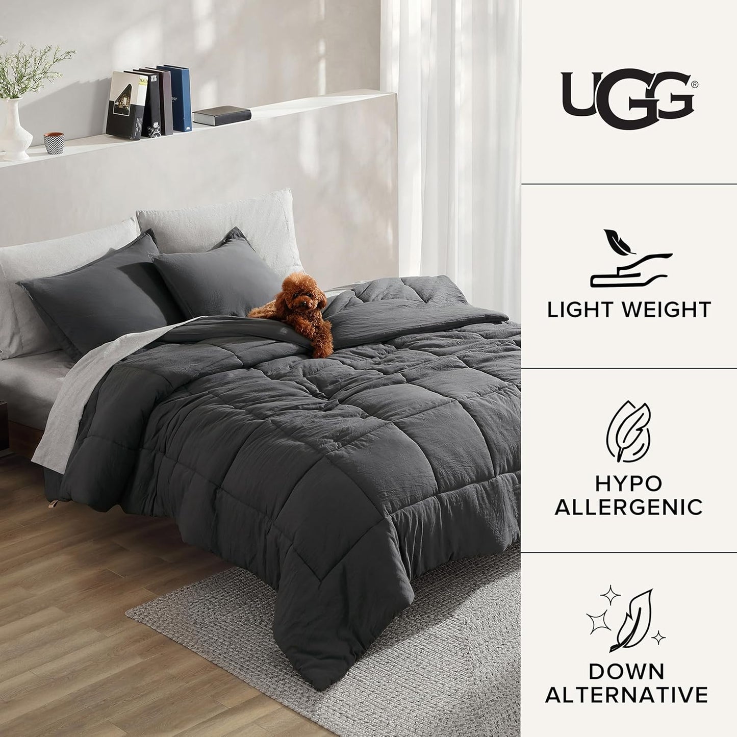 UGG Full/Queen Comforter Set with 2 Pillow Shams, Lightweight Down Alternative Blanket, Reversible Cozy Warm All Season Washable, Hypoallergenic Bedding Set, Charcoal Grey (Leonora)
