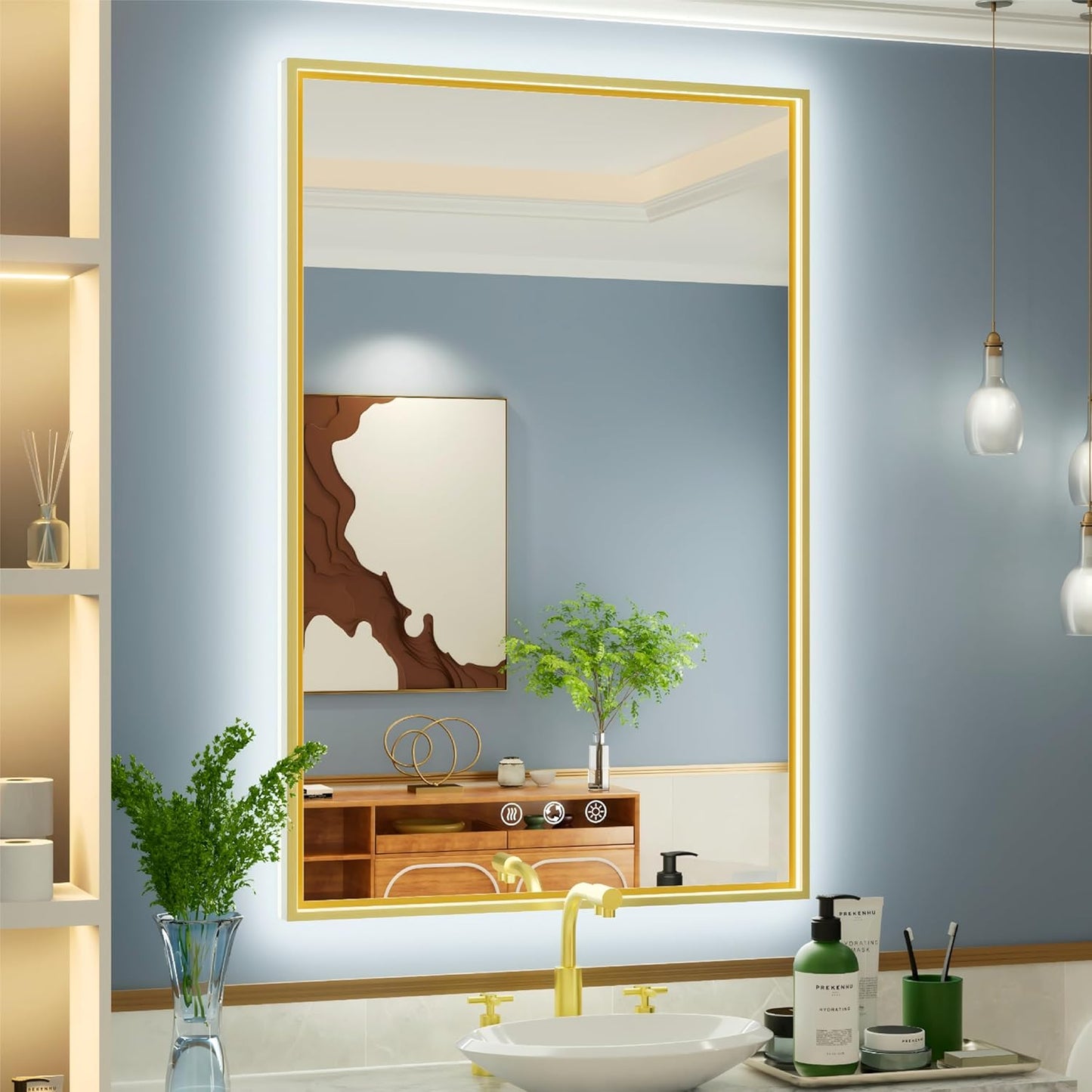 24x36 Inch Gold LED Bathroom Mirror with Front and Back Lighting, 3 Color Temp, Dimmable, Anti-Fog, Aluminum Frame Wall Mounted Lighted Bathroom Vanity Mirror