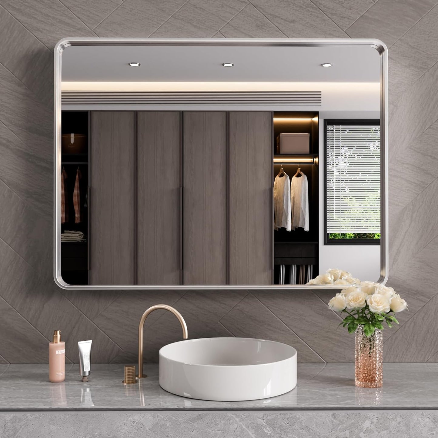 Brushed Nickel Bathroom Mirror 48x32 Inch, Brushed Silver Metal Frame Mirror Wall Mounted, Rounded Rectangle Bathroom Vanity Mirror, Tempered Glass, Anti-Rust, Horizontal/Vertical