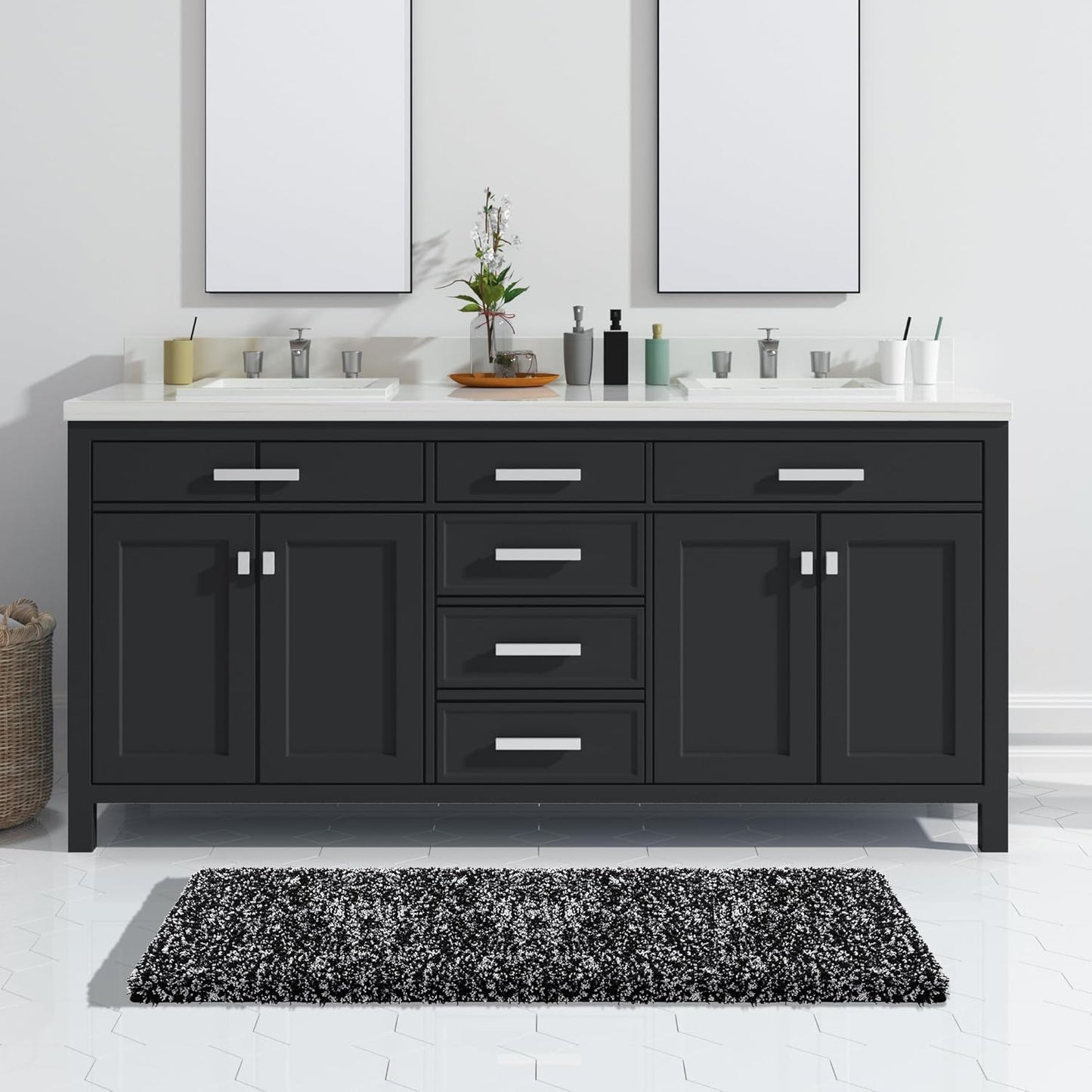 Yimobra Luxury Bathroom Rugs, Fluffy Bath Mats, Non Slip, Water Absorbent Microfiber, Machine Washable, Plush Runner Shower Rugs, Thick Matts for Bathroom Floor&Tub, 47"x 24", Black and White