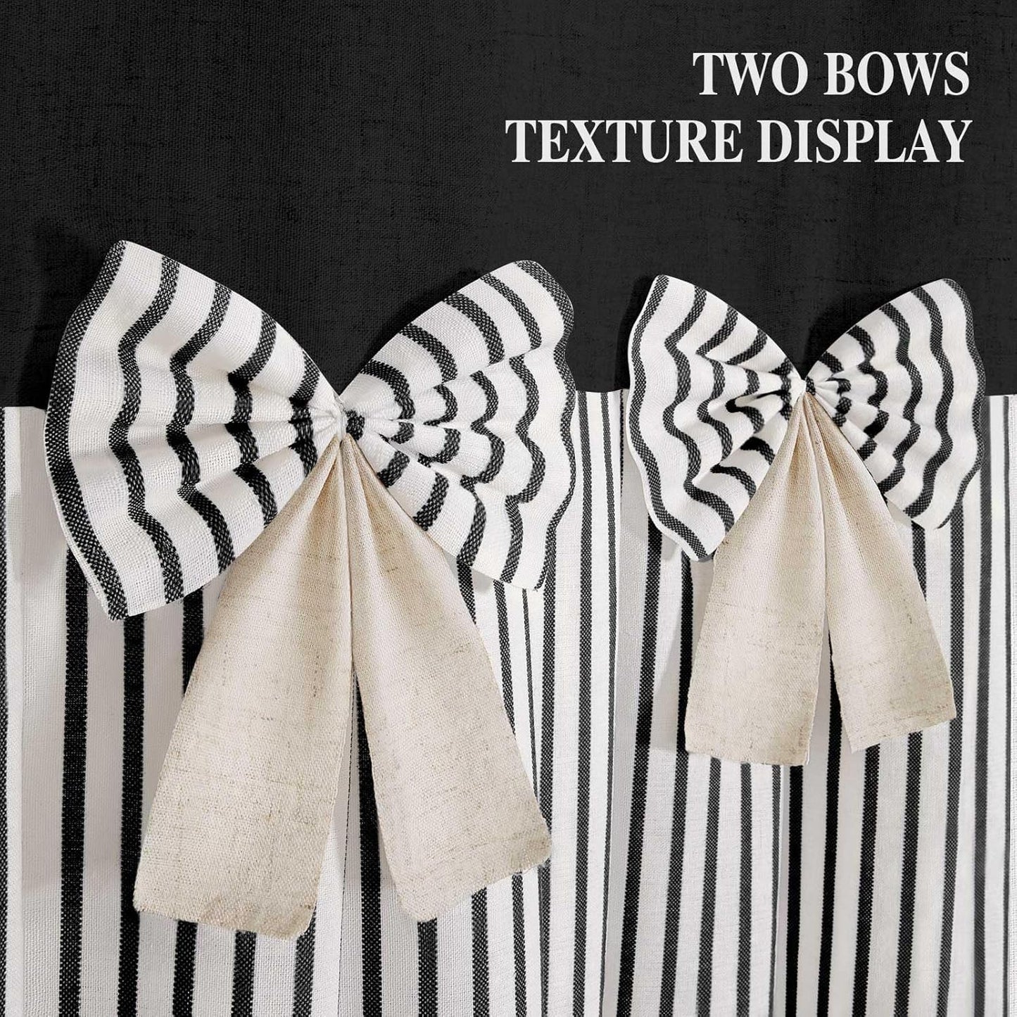 Farmhouse Shower Curtain Linen Blcak Bow Woven Fabric Country Rustic Western, Pleated Black Stripe 72" W x 72" L